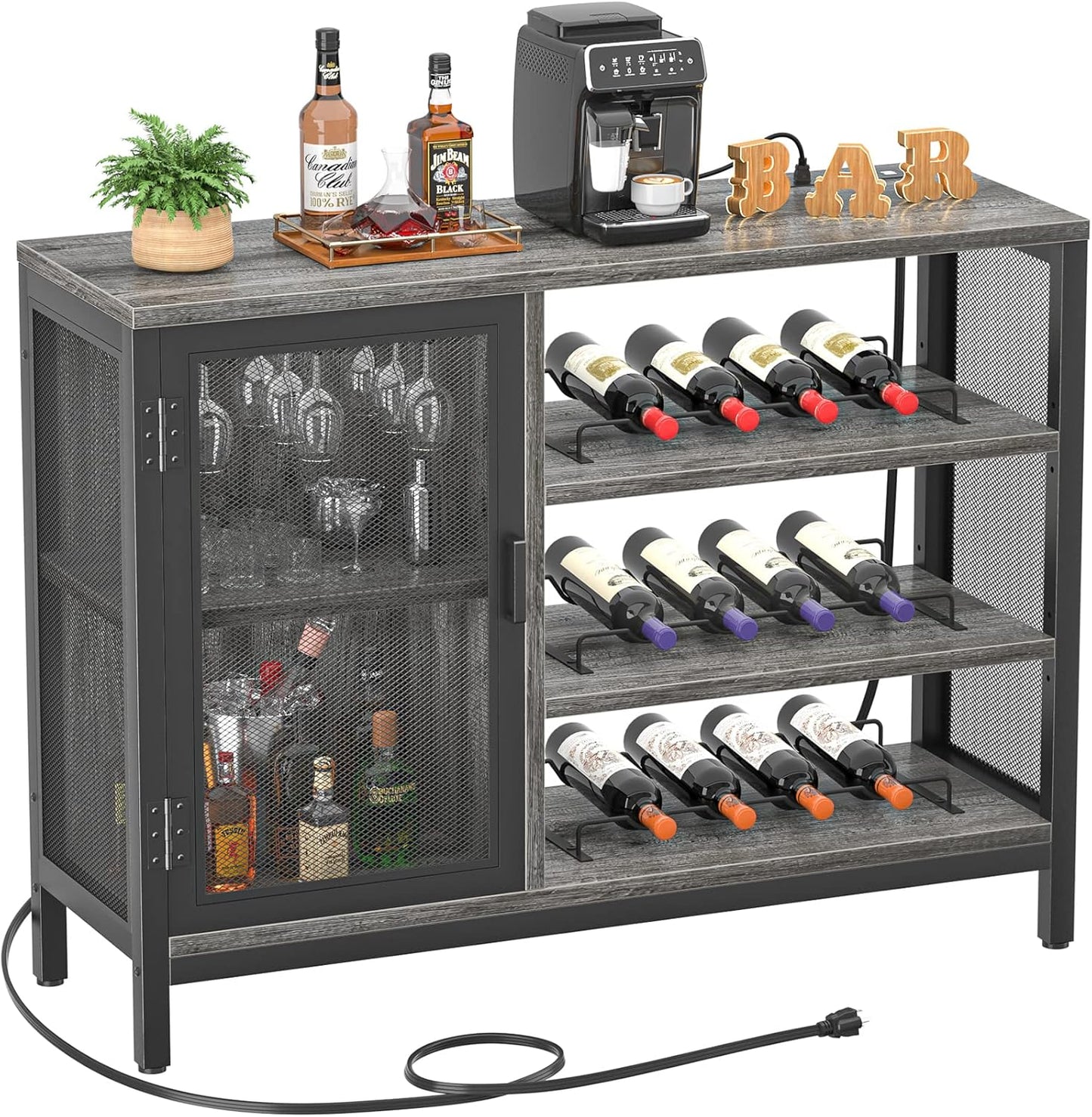Homieasy Wine Bar Cabinet with Power Outlets & LED Lights, Industrial Liquor Cabinet with Adjustable Wine Racks, Coffee Station Cabinets with Storage for Kitchen/Home, Rustic Brown