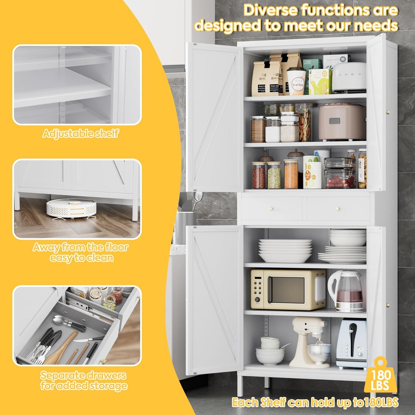 Tall Kitchen Pantry Cabinet, Metal Display Storage Cabinets with 4 Doors/2 Drawers for Kitchen Home Office Living Room, Assembly Required