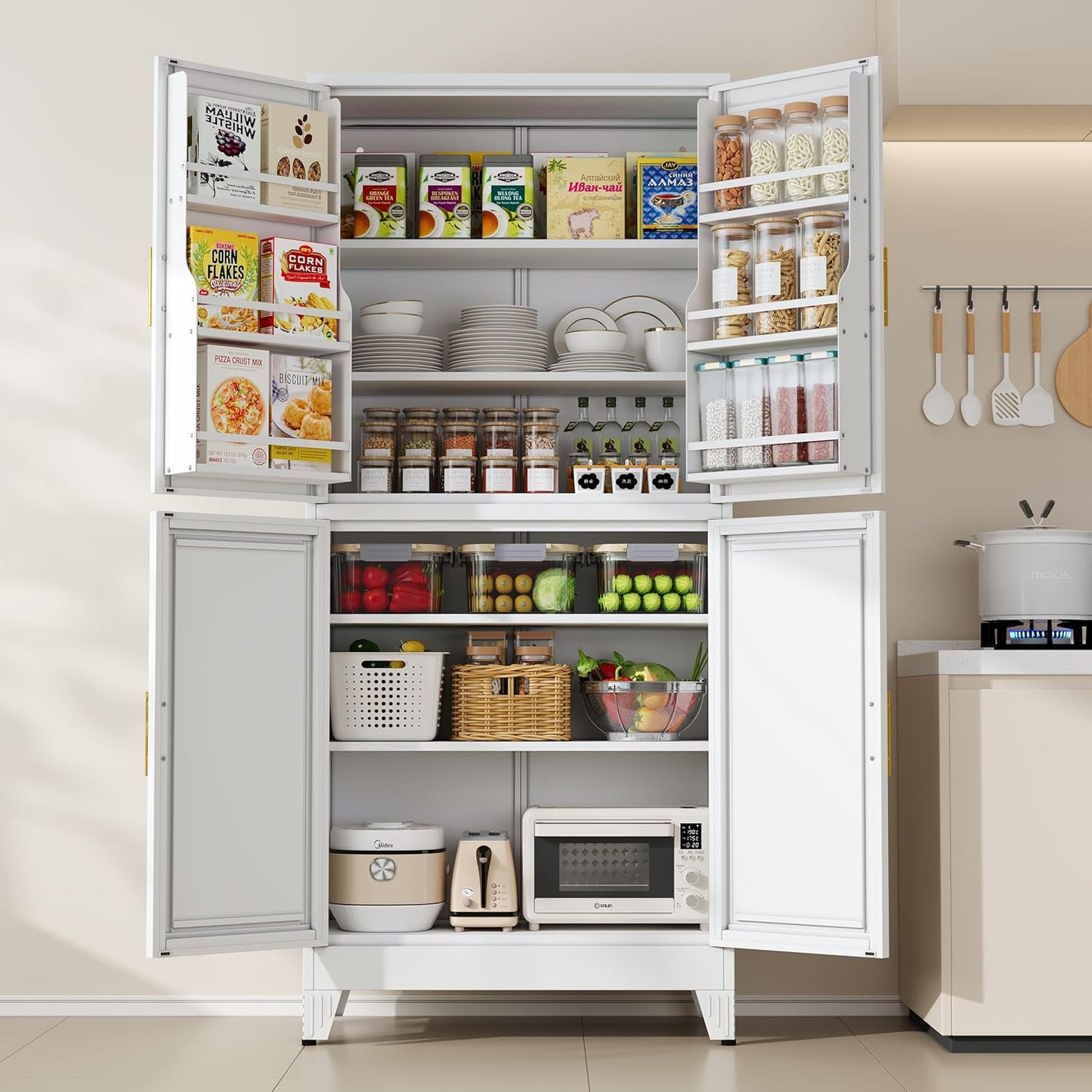 White Metal Kitchen Storage Cabinet, Kitchen Pantry Storage Cabinet with Doors and Shelves, Storage Cabinet with Adjustable Leveling Foot for Kitchen, Living Room and Dining Room. 61" H