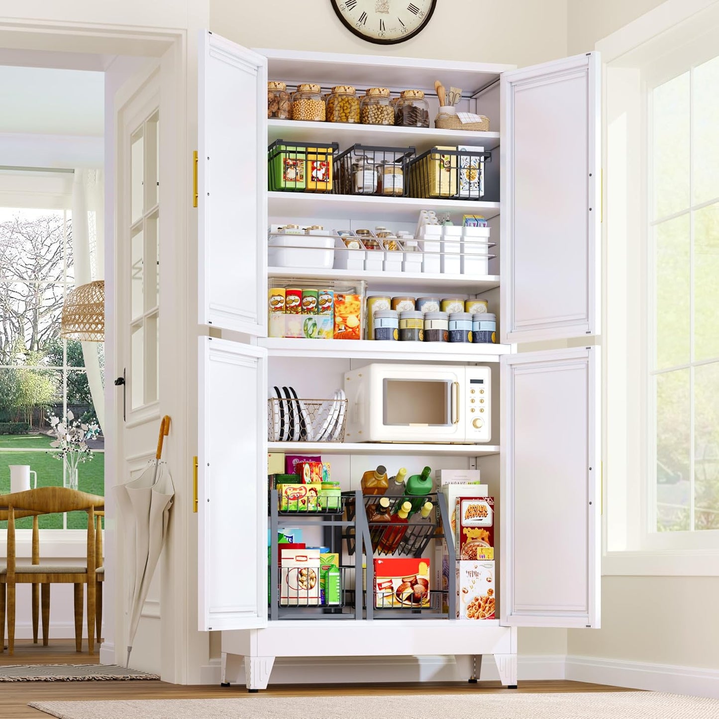 51" Metal Kitchen Pantry Cabinet, Storage Cabinets with 2 Door and 3 Adjustable Shelves, White Freestanding Food Storage Cabinet, Steel Cupboard for Kitchen Dinning Room