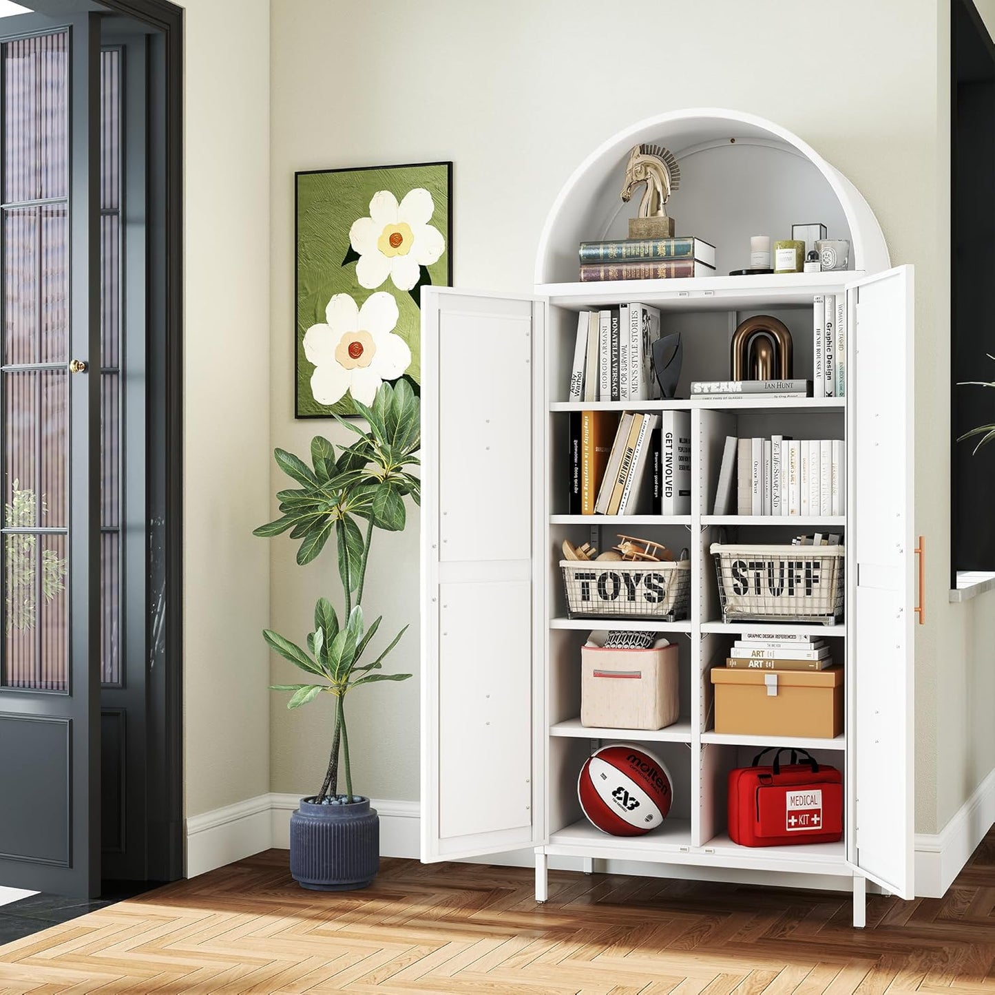 Tall Kitchen Pantry Cabinet, Metal Display Storage Cabinets with 4 Doors/2 Drawers for Kitchen Home Office Living Room, Assembly Required