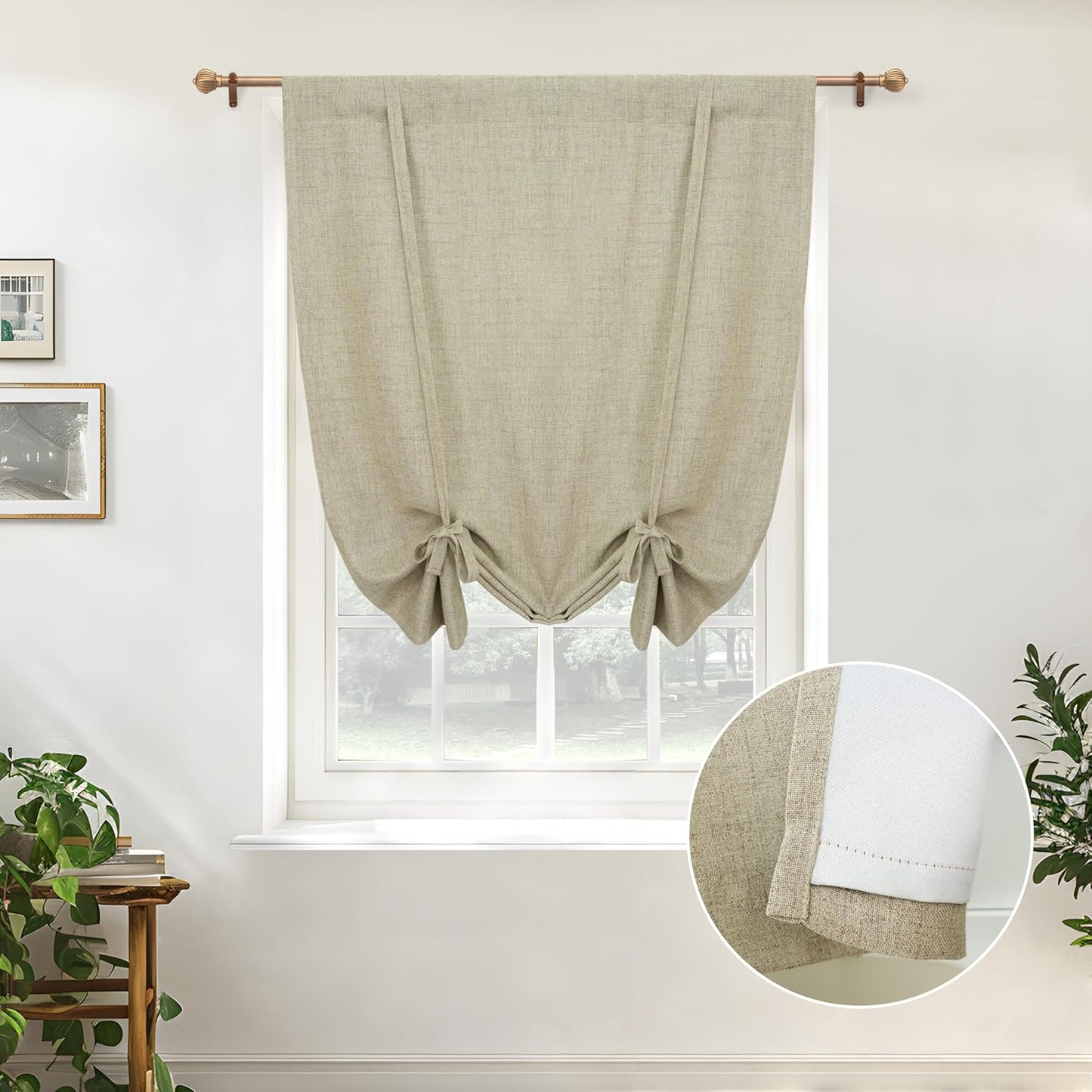 DriftAway Double Layer Linen Blackout Tie Up Curtains Thermal Insulated Fully Lined Balloon Roman Shade Bathroom Window Adjustable Rod Pocket for Small Window 31 Inch by 47 Inch Light Linen