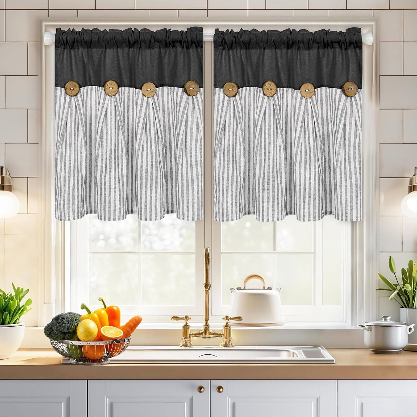 ASPMIZ Cotton Linen Window Treatment Tiers 24 Inch, Boho Rustic Button Kitchen Curtains Farmhouse Style, Grey Stripe Half Window Curtains, Country Short Rod Pocket Curtain for Small Window, 2 Panels