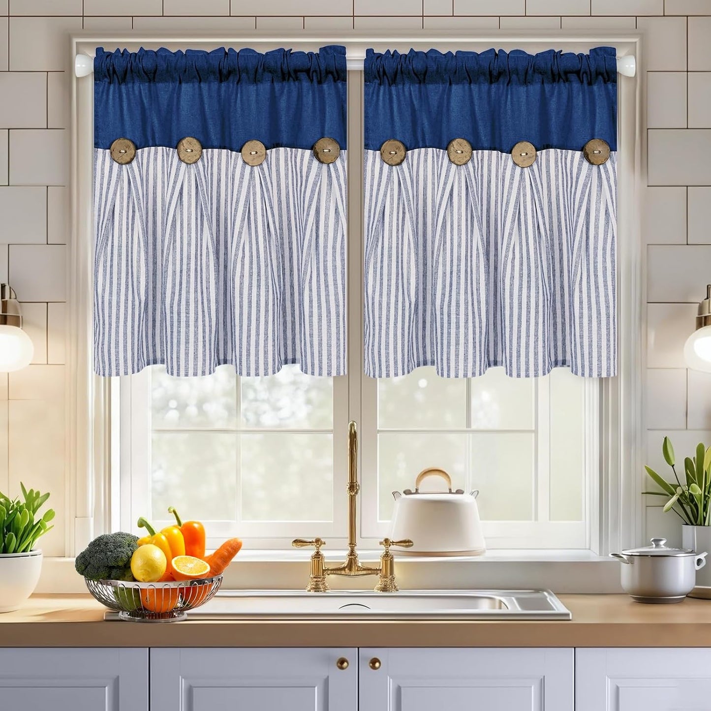 ASPMIZ Cotton Linen Window Treatment Tiers 24 Inch, Boho Rustic Button Kitchen Curtains Farmhouse Style, Grey Stripe Half Window Curtains, Country Short Rod Pocket Curtain for Small Window, 2 Panels