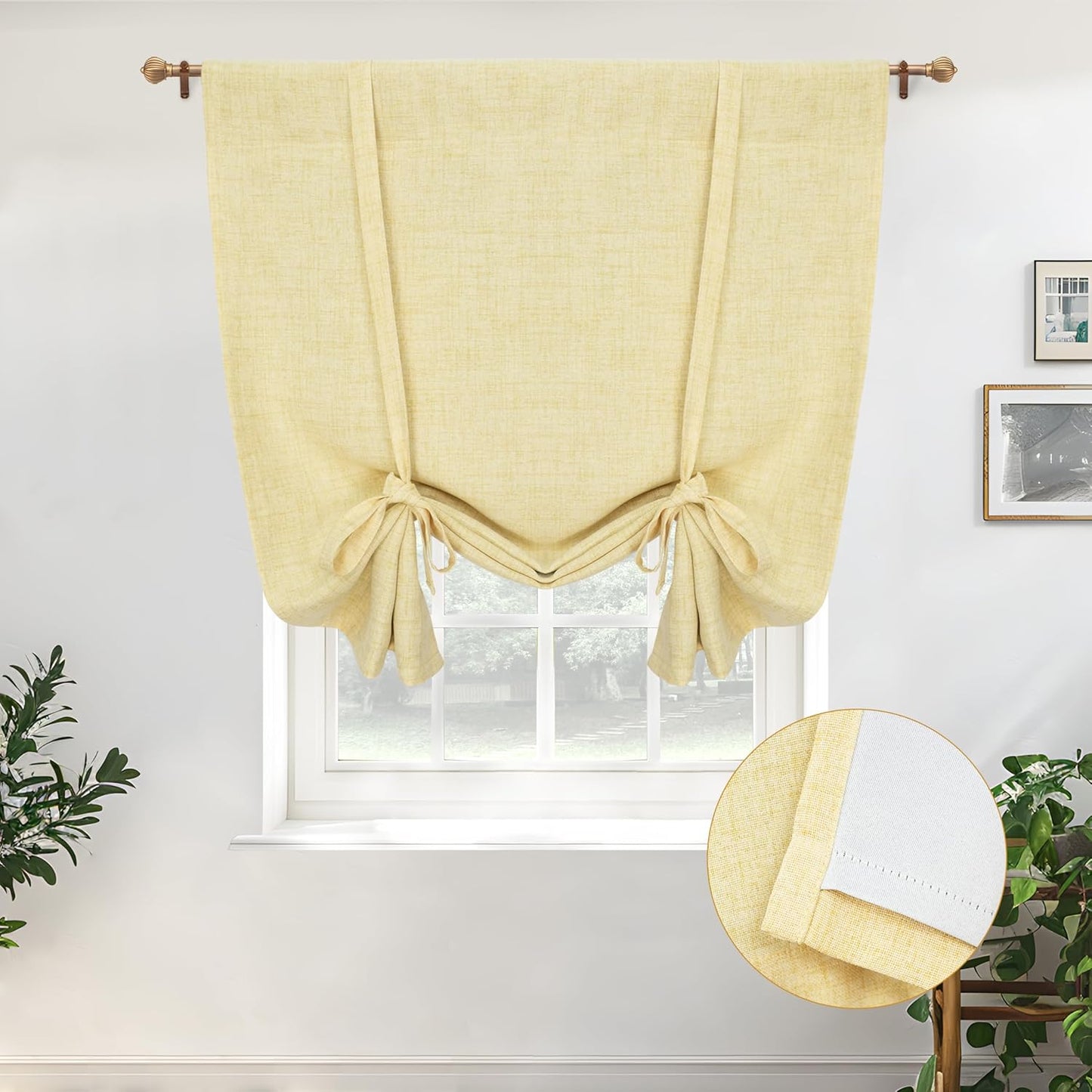 DriftAway Double Layer Linen Blackout Tie Up Curtains Thermal Insulated Fully Lined Balloon Roman Shade Bathroom Window Adjustable Rod Pocket for Small Window 31 Inch by 47 Inch Light Linen
