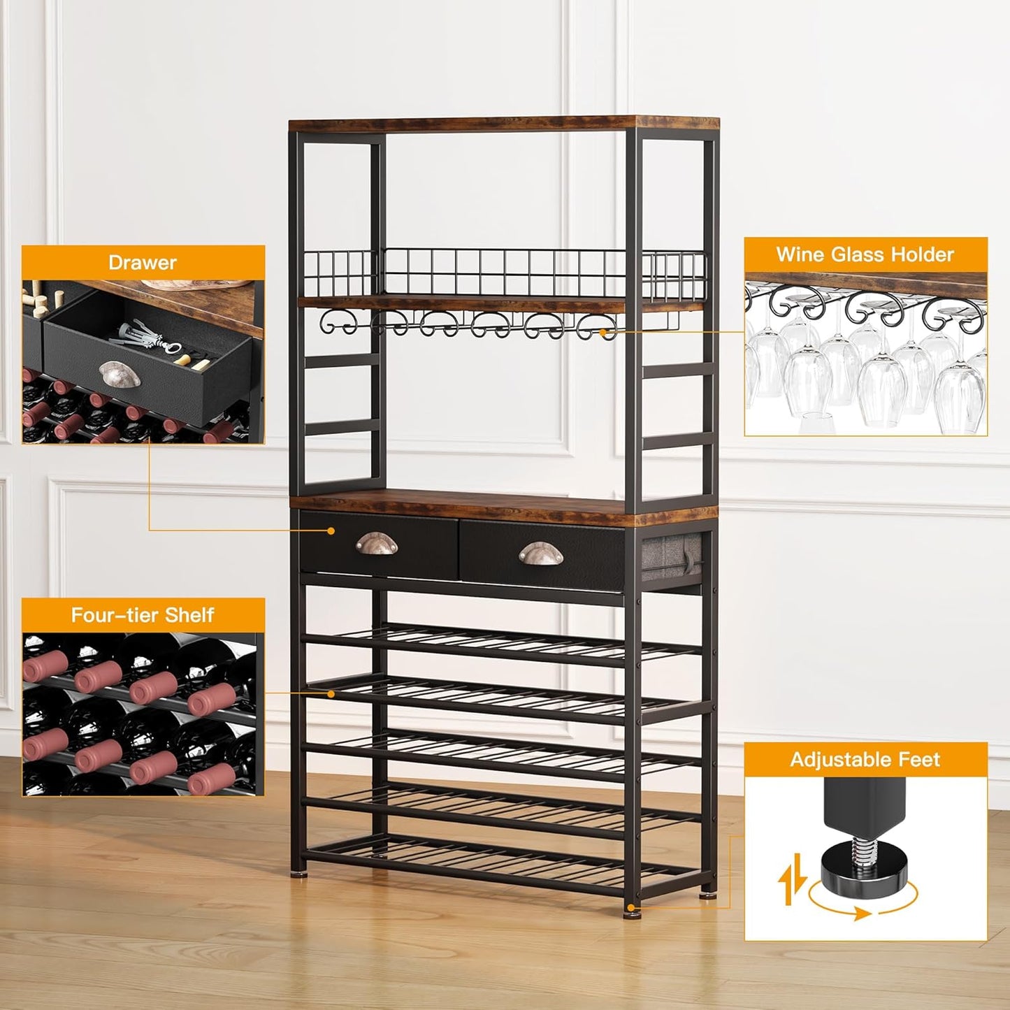 Homeiju Wine Cabinet with Storage, Wine Rack Freestanding Floor, 6-Tier with Tabletop, Drawer and Wine Storage for Home Bars