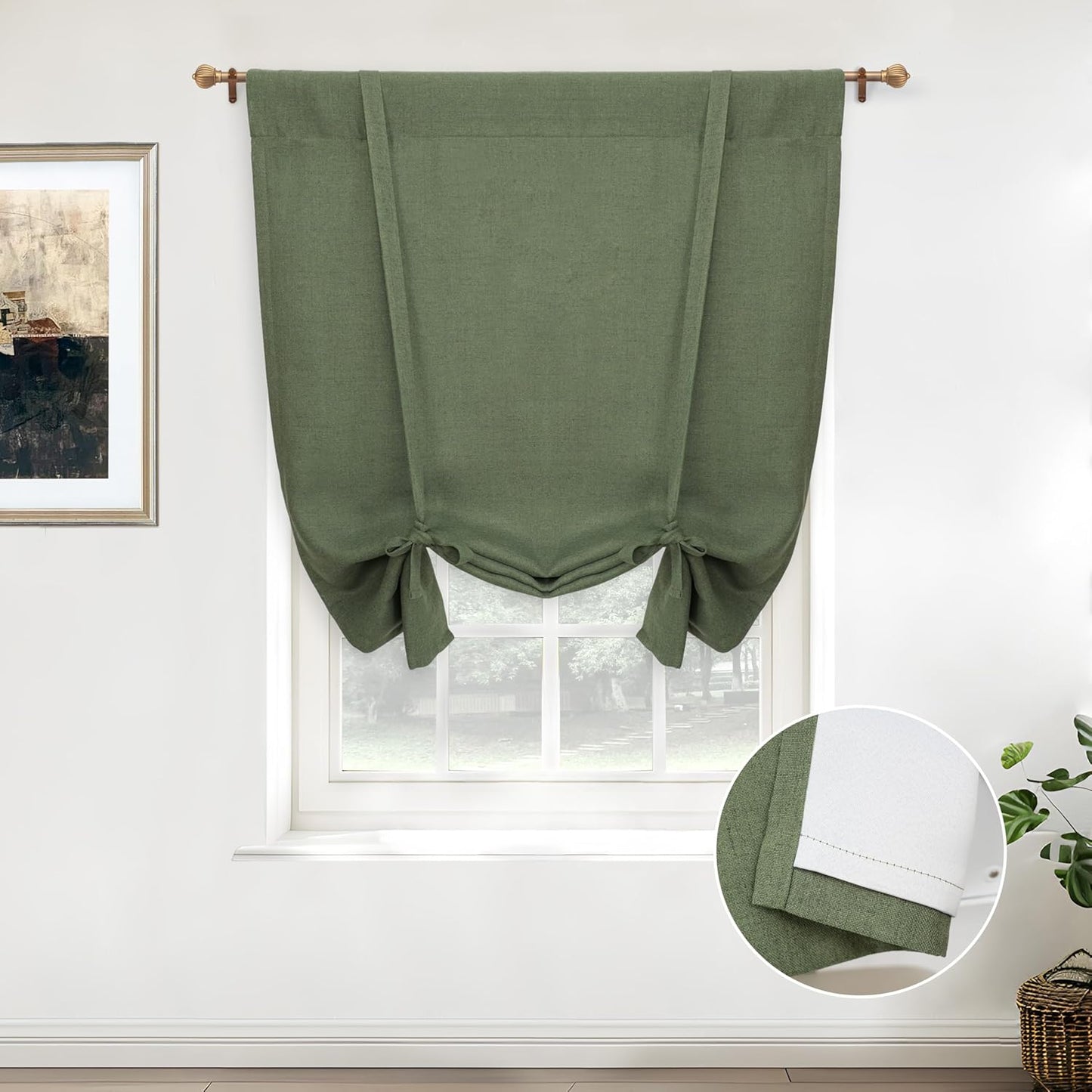DriftAway Double Layer Linen Blackout Tie Up Curtains Thermal Insulated Fully Lined Balloon Roman Shade Bathroom Window Adjustable Rod Pocket for Small Window 31 Inch by 47 Inch Light Linen