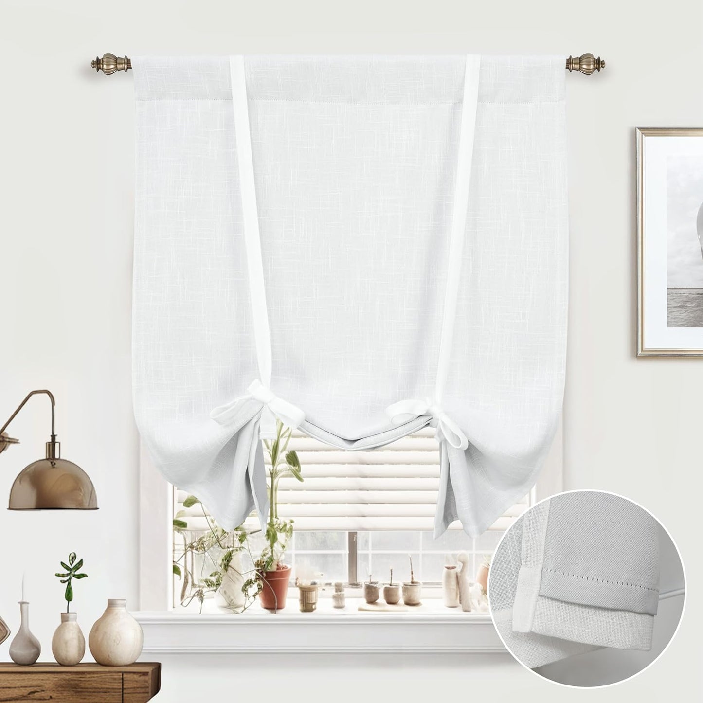 DriftAway Double Layer Linen Blackout Tie Up Curtains Thermal Insulated Fully Lined Balloon Roman Shade Bathroom Window Adjustable Rod Pocket for Small Window 31 Inch by 47 Inch Light Linen