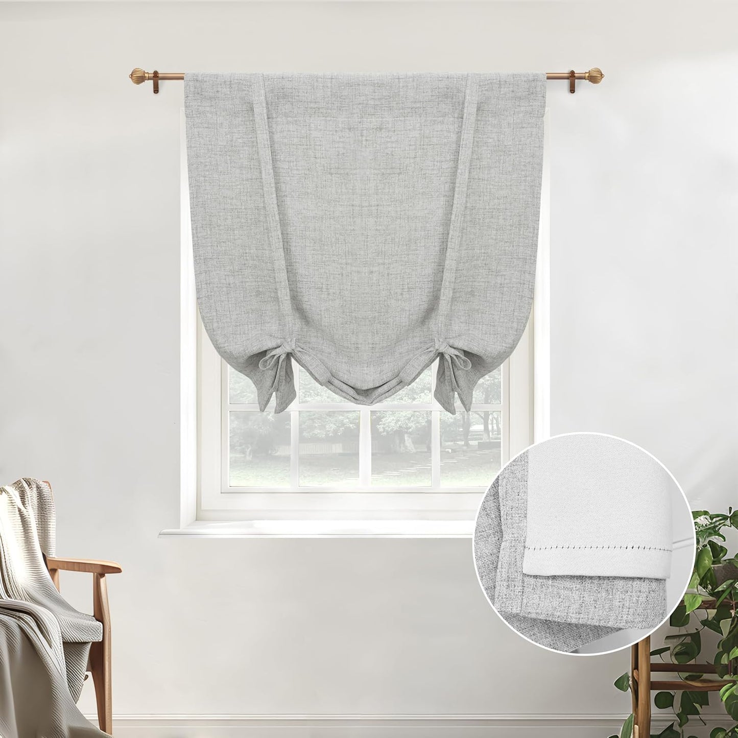 DriftAway Double Layer Linen Blackout Tie Up Curtains Thermal Insulated Fully Lined Balloon Roman Shade Bathroom Window Adjustable Rod Pocket for Small Window 31 Inch by 47 Inch Light Linen