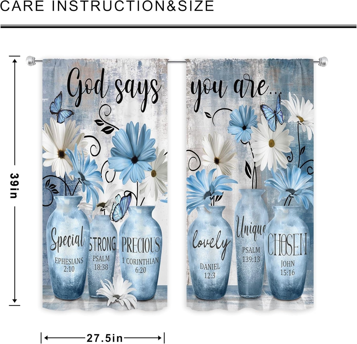 MESHELLY Farmhouse Teal Kitchen Curtains 27.5Wx39H Inch Rod Pocket Blue Flower Watercolor Eucalyptus Leaves Bedroom Window Drapes Inspirational Quote Printed Window Treatment Fabric 2 Panels