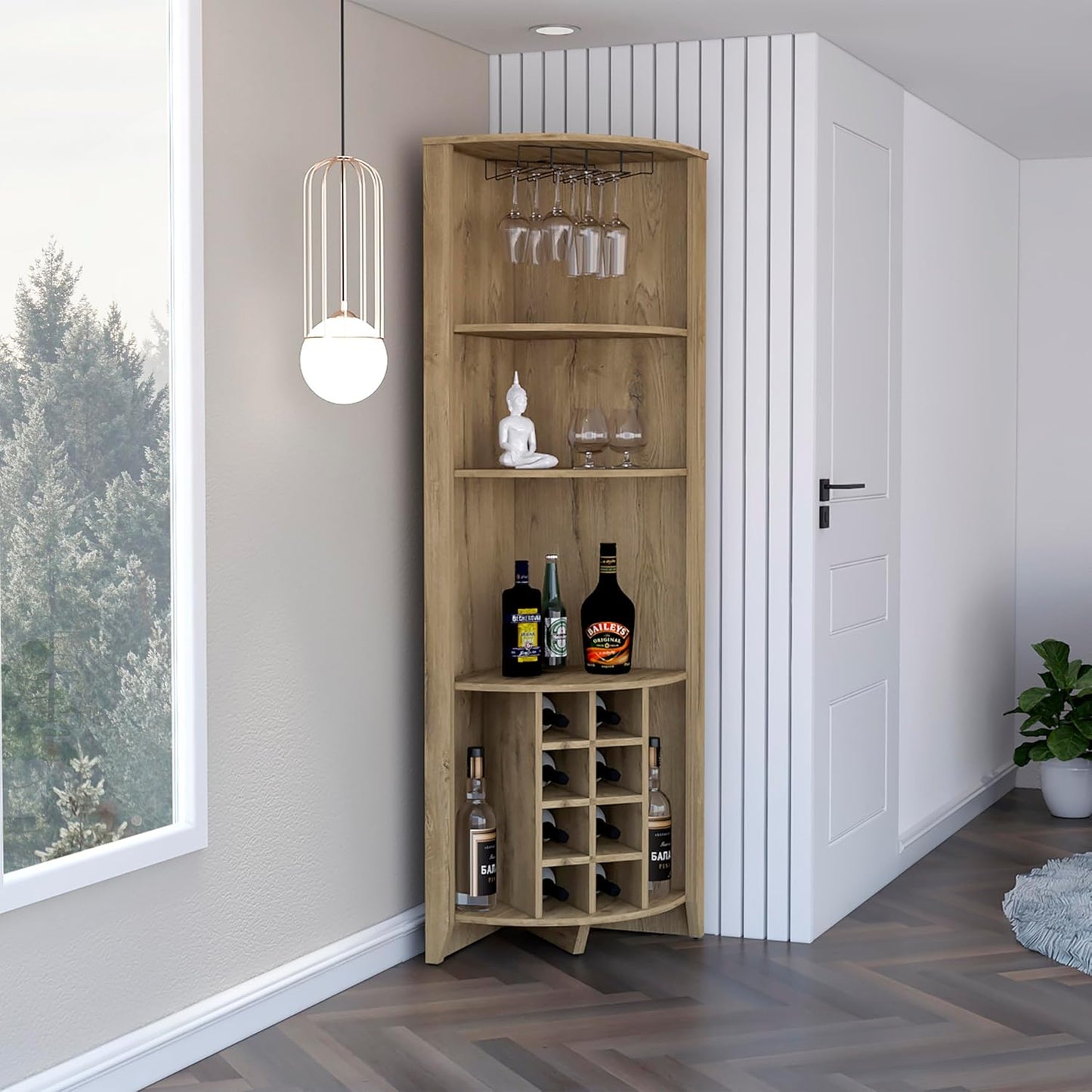 Corner Bar Cabinet, Three Shelves, Eight Built in Wine Rack, Two Side Shelves Macadamia