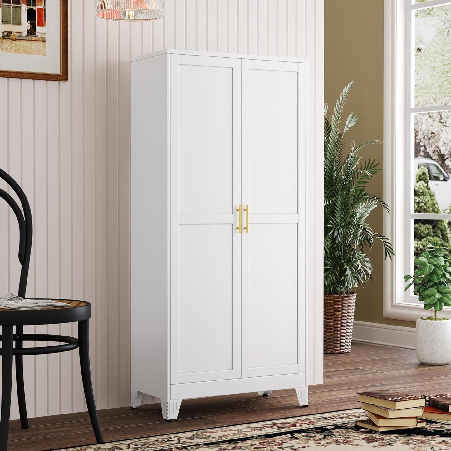 White Metal Kitchen Storage Cabinet, Kitchen Pantry Storage Cabinet with Doors and Shelves, Storage Cabinet with Adjustable Leveling Foot for Kitchen, Living Room and Dining Room. 61" H