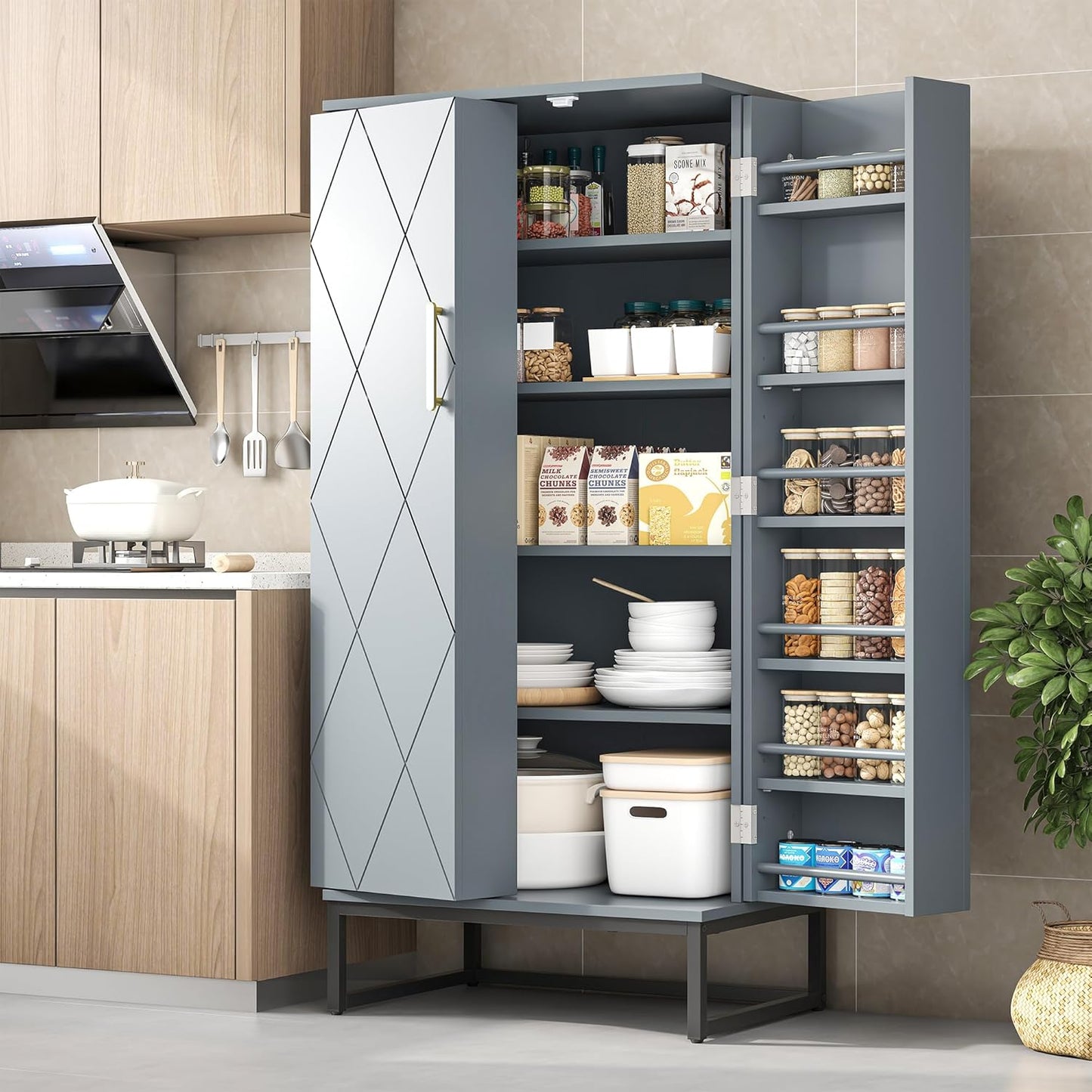 51” Pantry Cabinets, White Freestanding Kitchen Pantry Storage Cabinet with Adjustable Shelves, Buffet Cupboards Storage Cabinet for Home Office Use, White + Gold
