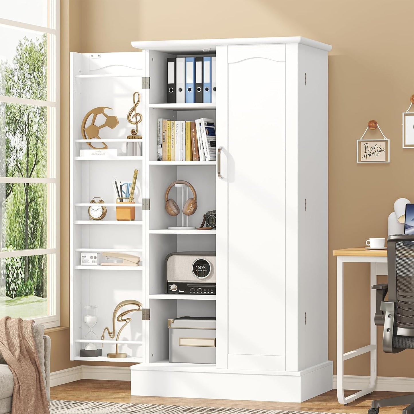 Kitchen Pantry Cabinet, Pantry Storage Cabinet with Adjustable Shelves and Drawer, Sideboard Buffet Cupboards Storage Shelf for Home Office Use (White, 16" D x 24" W x 47" H)