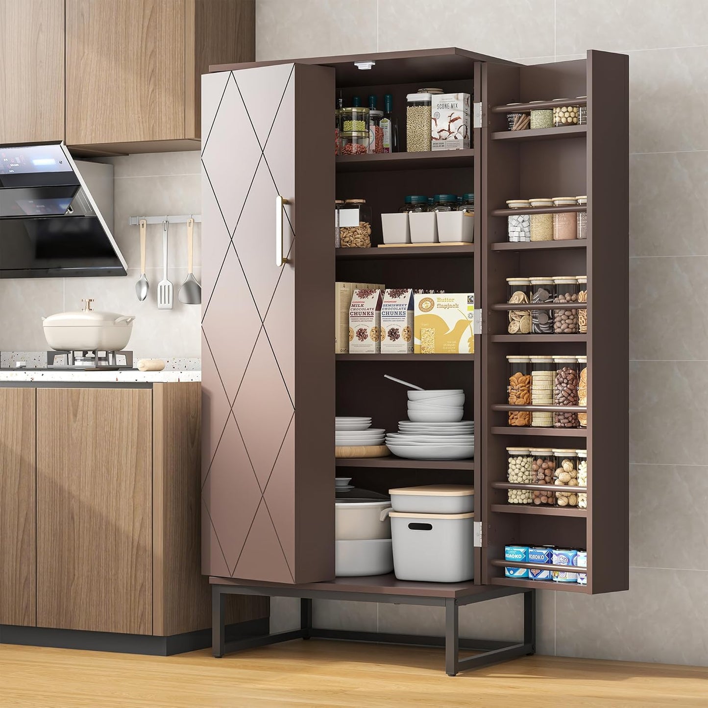 51” Pantry Cabinets, White Freestanding Kitchen Pantry Storage Cabinet with Adjustable Shelves, Buffet Cupboards Storage Cabinet for Home Office Use, White + Gold