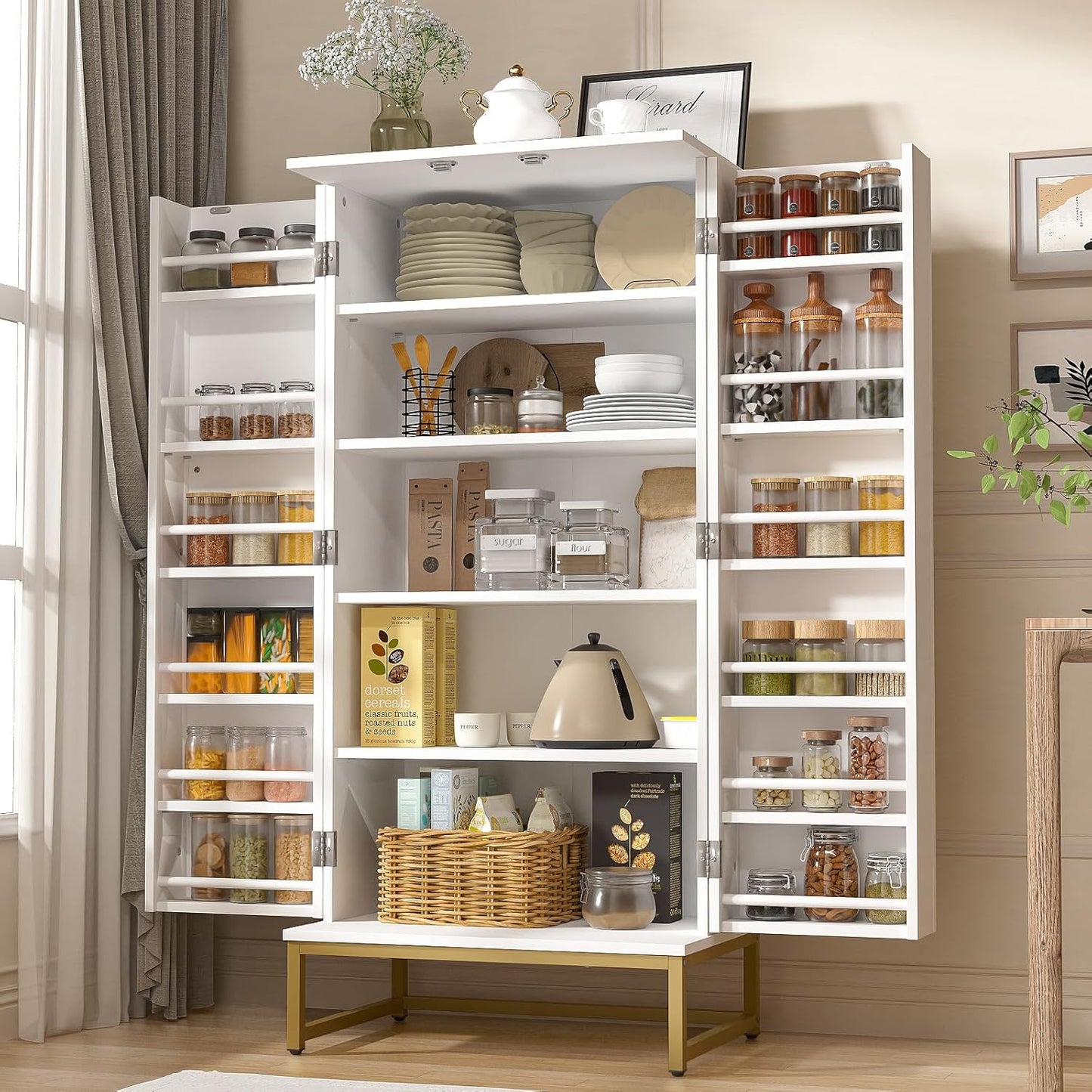 51” Pantry Cabinets, White Freestanding Kitchen Pantry Storage Cabinet with Adjustable Shelves, Buffet Cupboards Storage Cabinet for Home Office Use, White + Gold