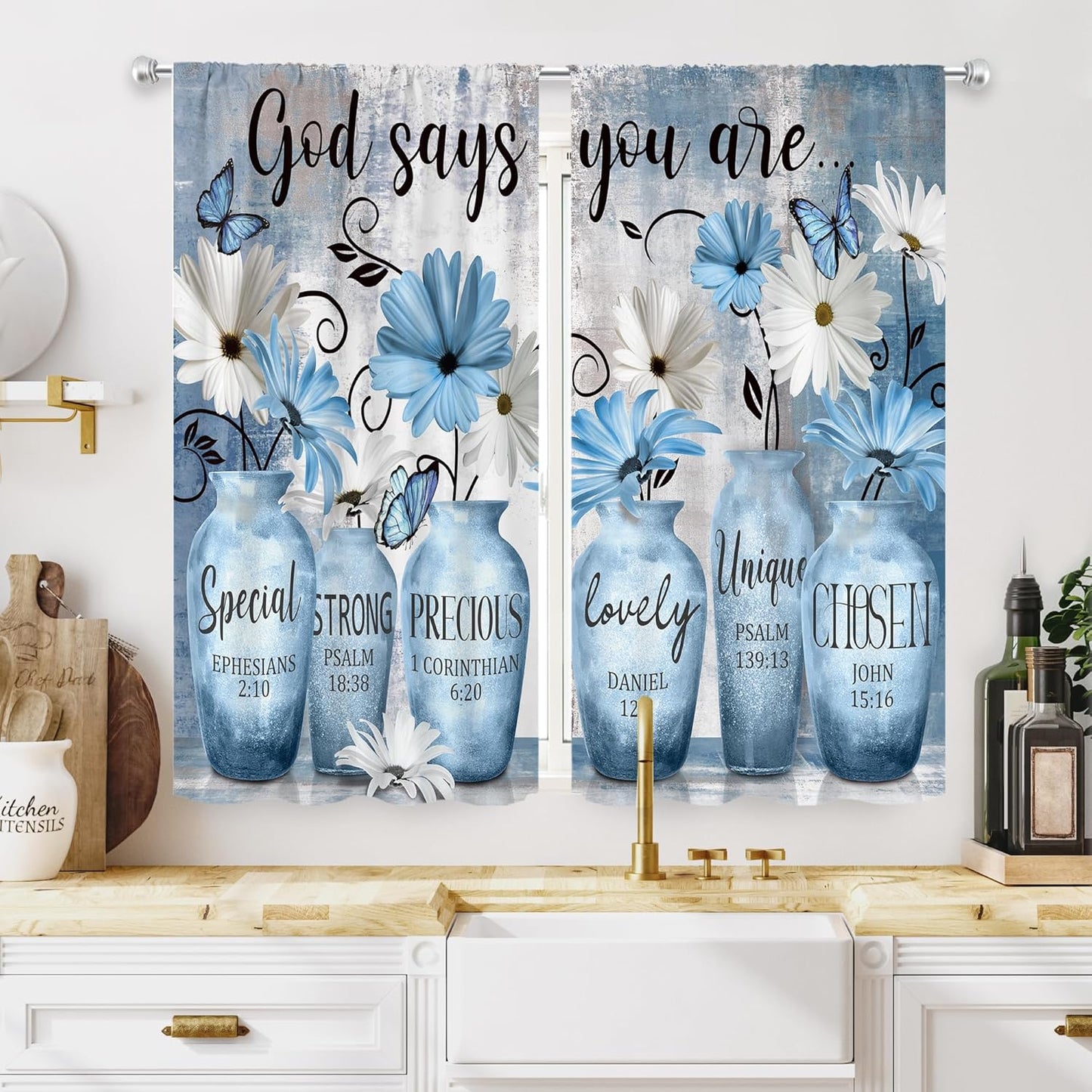MESHELLY Farmhouse Teal Kitchen Curtains 27.5Wx39H Inch Rod Pocket Blue Flower Watercolor Eucalyptus Leaves Bedroom Window Drapes Inspirational Quote Printed Window Treatment Fabric 2 Panels
