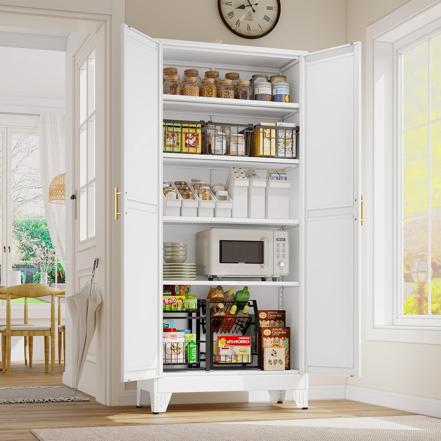 51" Metal Kitchen Pantry Cabinet, Storage Cabinets with 2 Door and 3 Adjustable Shelves, White Freestanding Food Storage Cabinet, Steel Cupboard for Kitchen Dinning Room