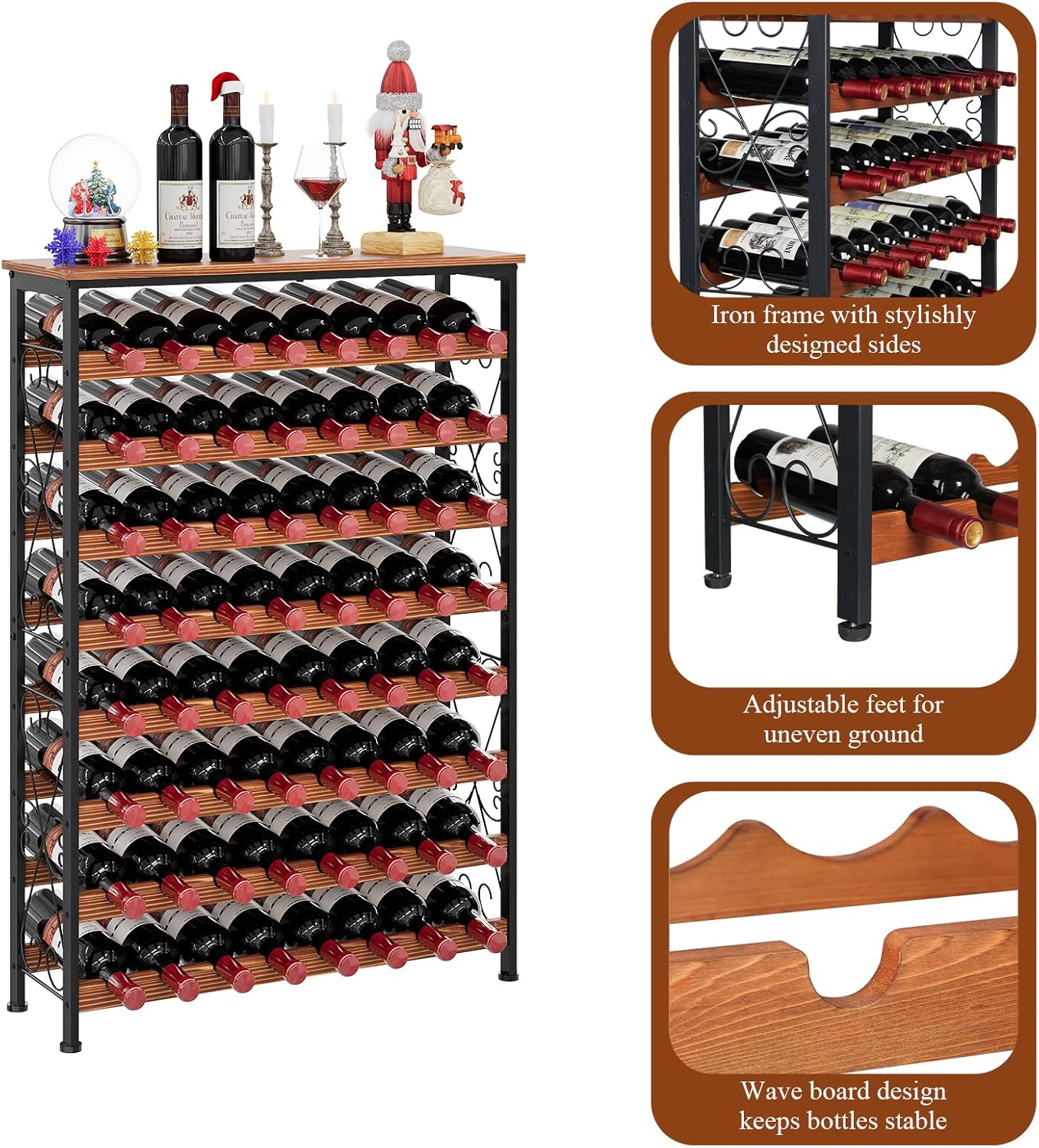 64 Bottles Wine Rack Freestanding Floor with 2 in 1 LED Light, Wine Bottle Rack Wine Holder Wine Storage Shelf for Kitchen Bar Pantry, Tall Wine Cabinet Stand Display 31.85''L X 10.6''W X 47.95''H