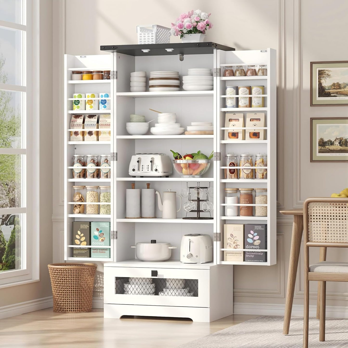 Kitchen Pantry Cabinet, Pantry Storage Cabinet with Adjustable Shelves and Drawer, Sideboard Buffet Cupboards Storage Shelf for Home Office Use (White, 16" D x 24" W x 47" H)