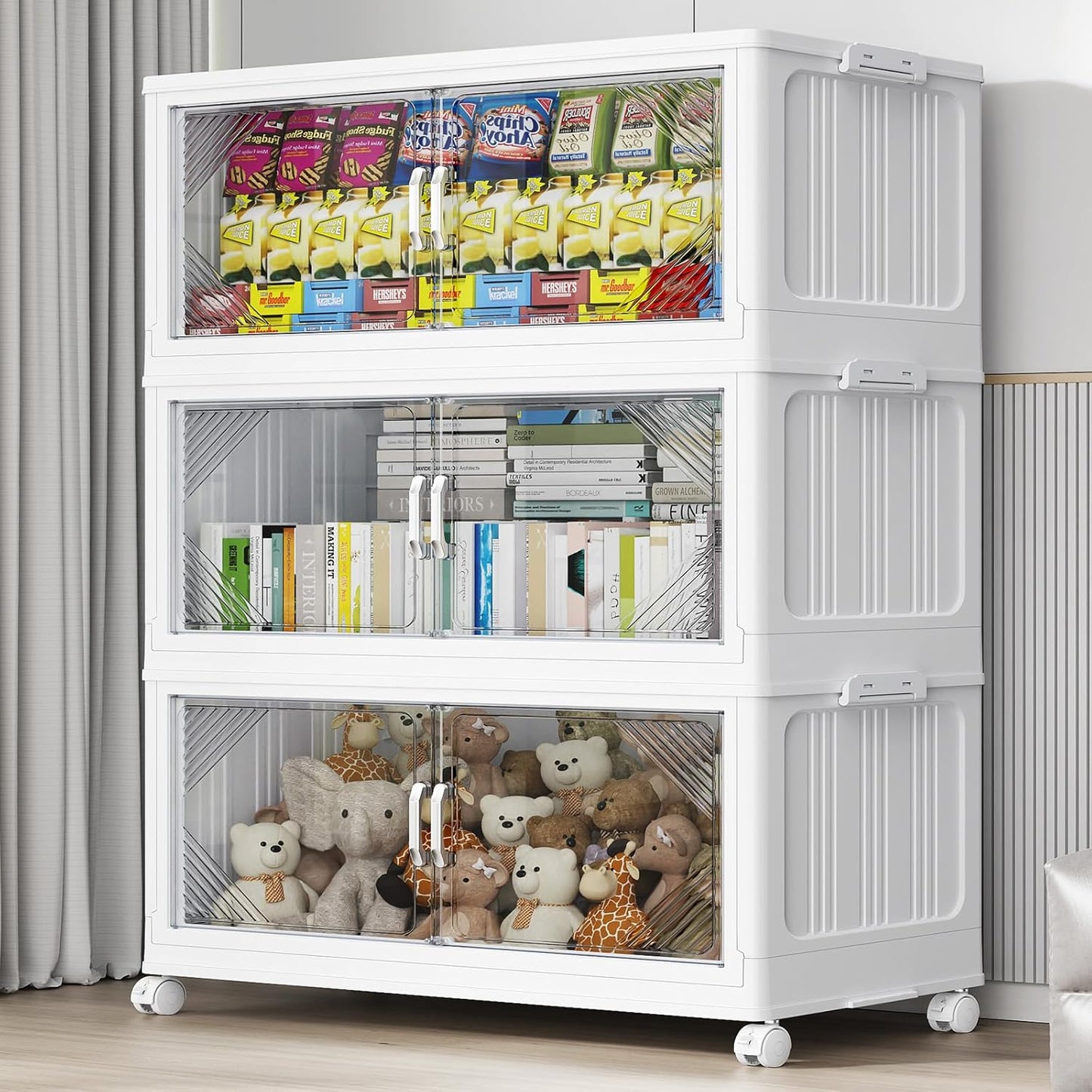 165Gal Plastic Stackable Storage Bins with Lid, 660QT Extra Large Closet Organizers Collapsible Cabinets Boxes With Drawers, Foldable Containers with 6x Wheels for Home Kitchen, V60 3Pack White