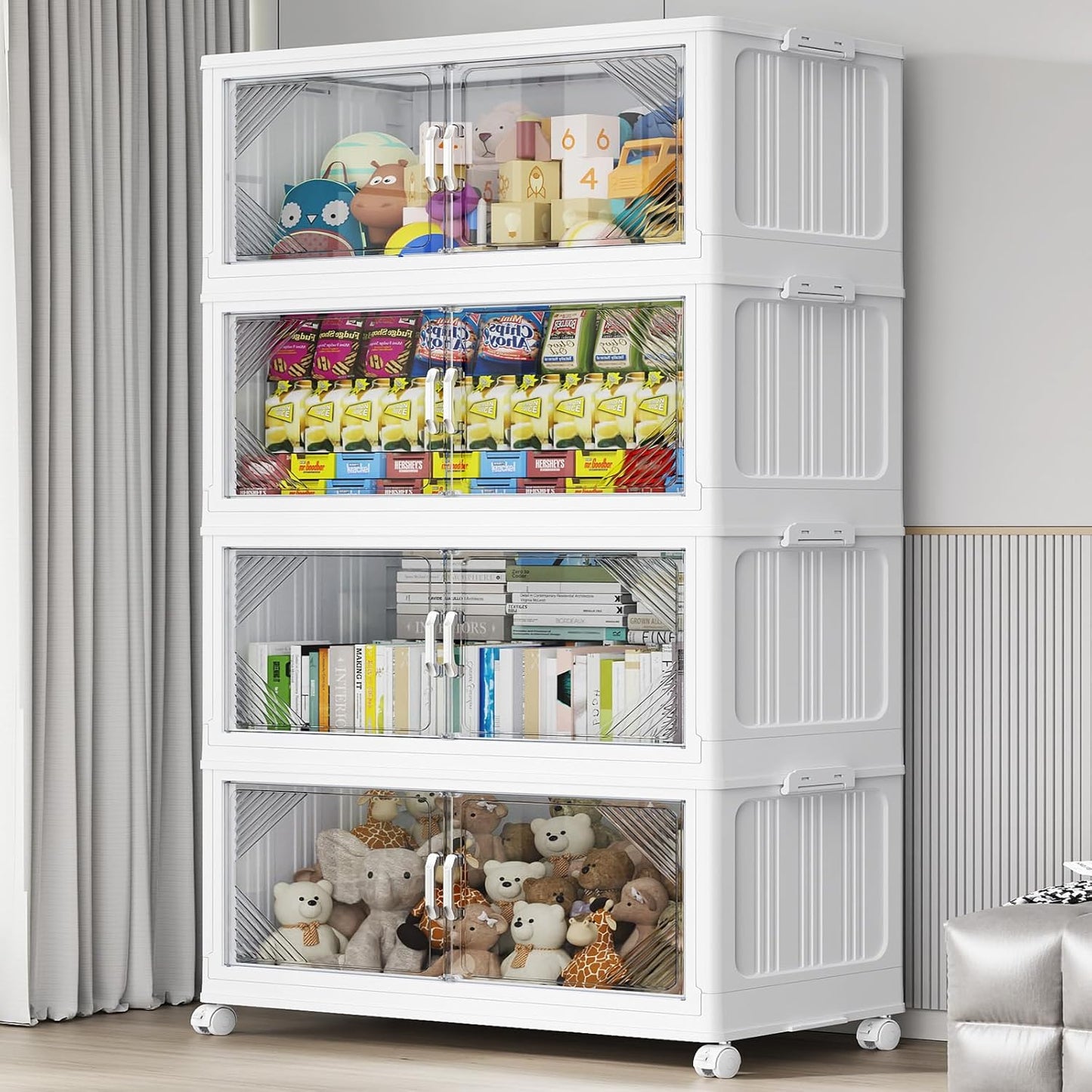 165Gal Plastic Stackable Storage Bins with Lid, 660QT Extra Large Closet Organizers Collapsible Cabinets Boxes With Drawers, Foldable Containers with 6x Wheels for Home Kitchen, V60 3Pack White