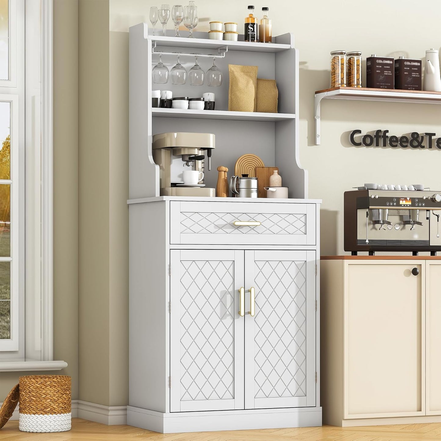Kitchen Pantry Cabinet, Pantry Storage Cabinet with Adjustable Shelves and Drawer, Sideboard Buffet Cupboards Storage Shelf for Home Office Use (White, 16" D x 24" W x 47" H)