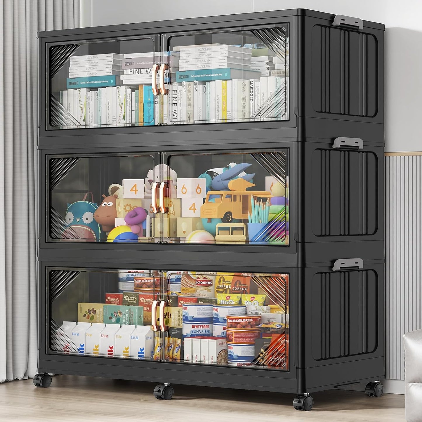 165Gal Plastic Stackable Storage Bins with Lid, 660QT Extra Large Closet Organizers Collapsible Cabinets Boxes With Drawers, Foldable Containers with 6x Wheels for Home Kitchen, V60 3Pack White