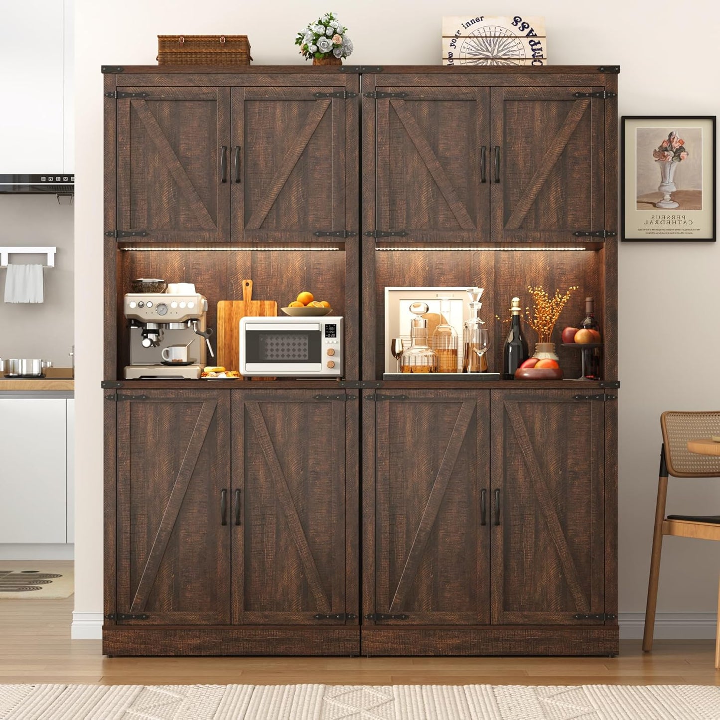 72" Tall Farmhouse Kitchen Pantry Cabinet with LED Light and Power Outlet,Modern Farmhouse Kitchen Storage Cabinet w Load-Bearing Steel Pipe,Barn Doors, Organizer,Food Pantry Cabinets(Rustic Brown)