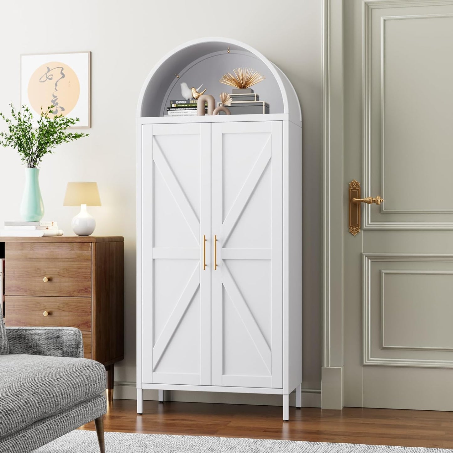 Tall Kitchen Pantry Cabinet, Metal Display Storage Cabinets with 4 Doors/2 Drawers for Kitchen Home Office Living Room, Assembly Required