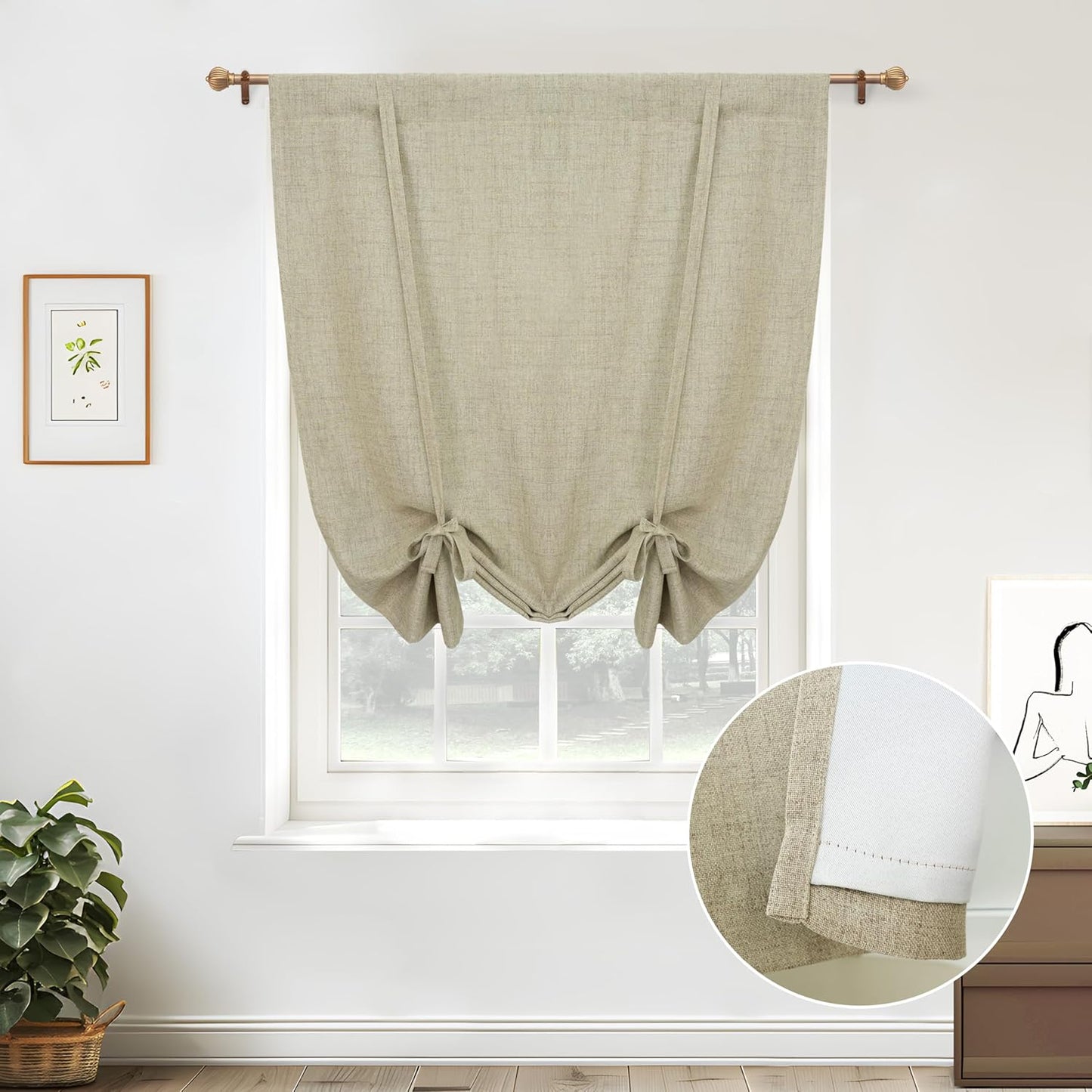 DriftAway Double Layer Linen Blackout Tie Up Curtains Thermal Insulated Fully Lined Balloon Roman Shade Bathroom Window Adjustable Rod Pocket for Small Window 31 Inch by 47 Inch Light Linen