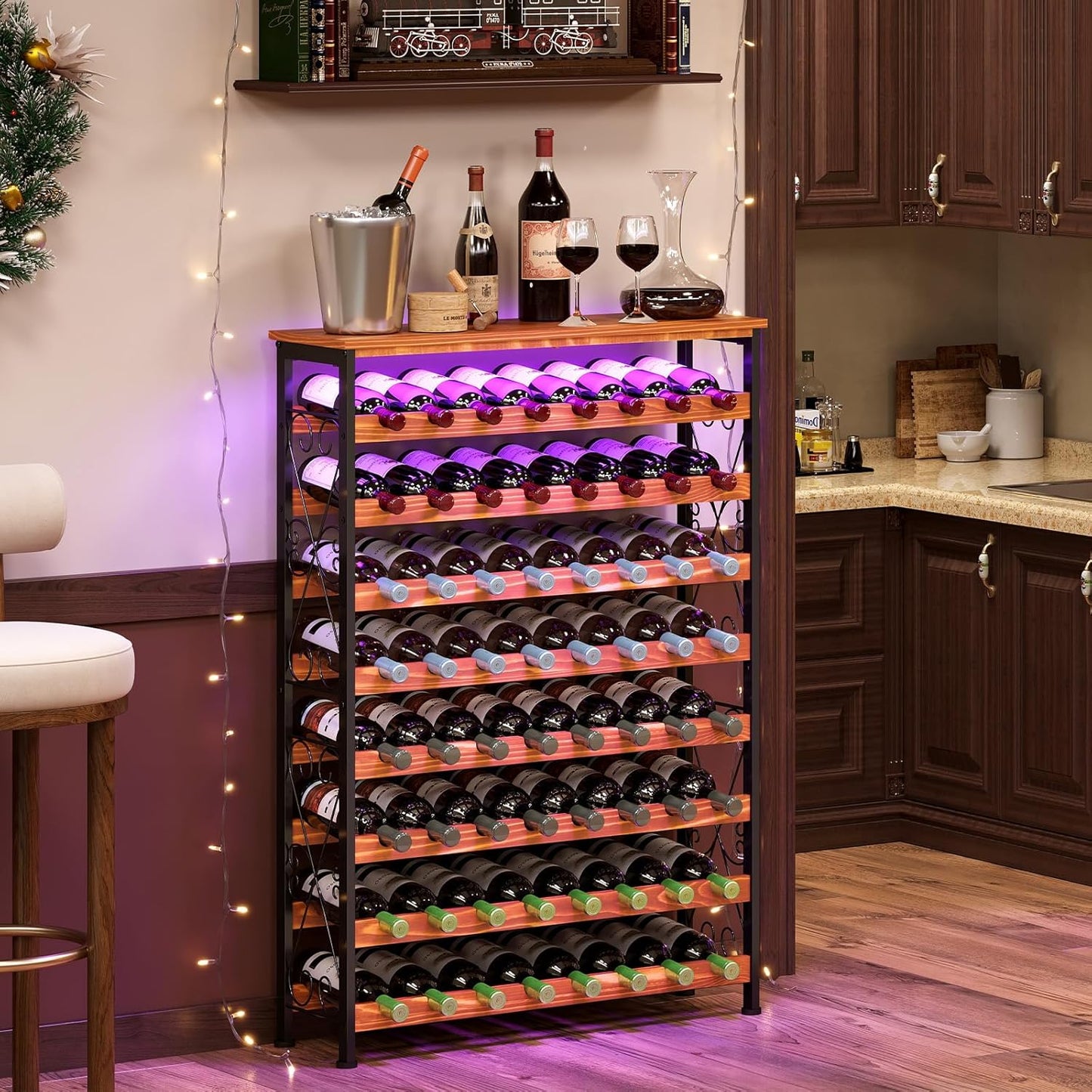 64 Bottles Wine Rack Freestanding Floor with 2 in 1 LED Light, Wine Bottle Rack Wine Holder Wine Storage Shelf for Kitchen Bar Pantry, Tall Wine Cabinet Stand Display 31.85''L X 10.6''W X 47.95''H