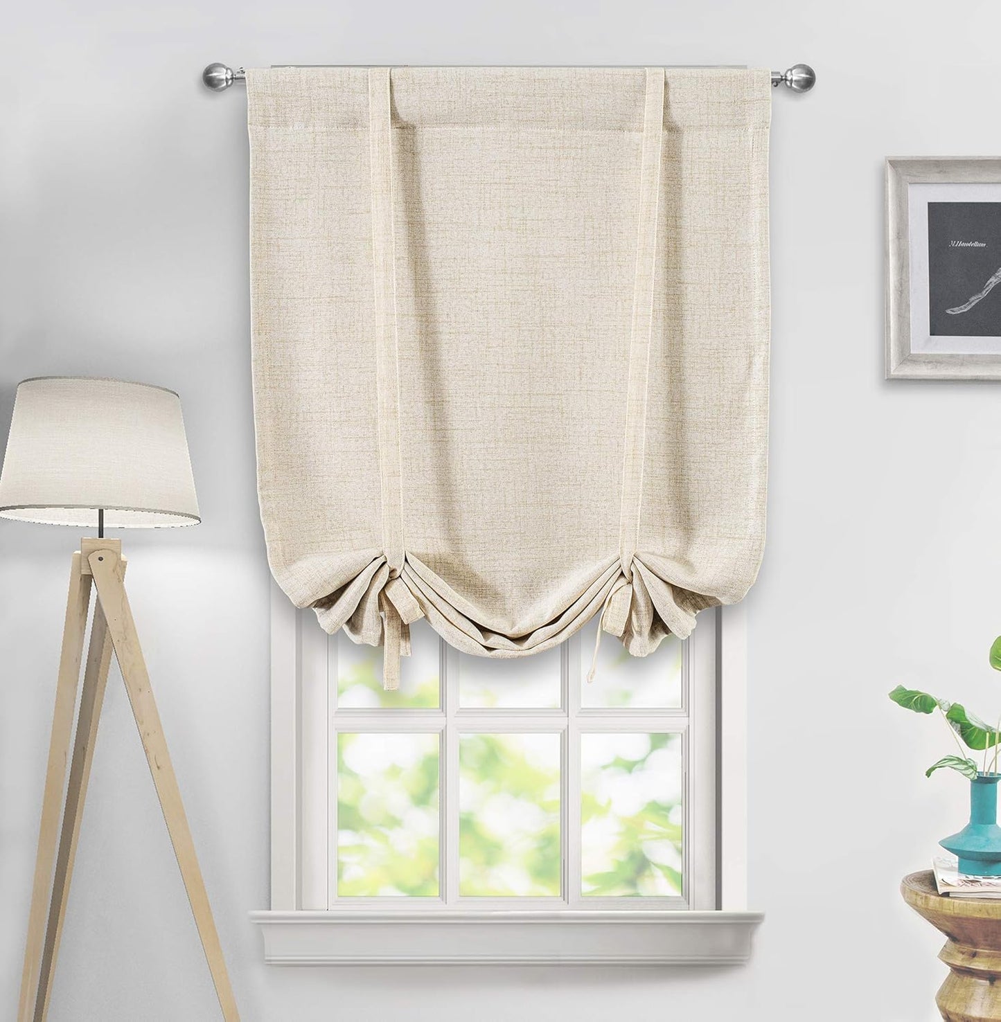 DriftAway Double Layer Linen Blackout Tie Up Curtains Thermal Insulated Fully Lined Balloon Roman Shade Bathroom Window Adjustable Rod Pocket for Small Window 31 Inch by 47 Inch Light Linen