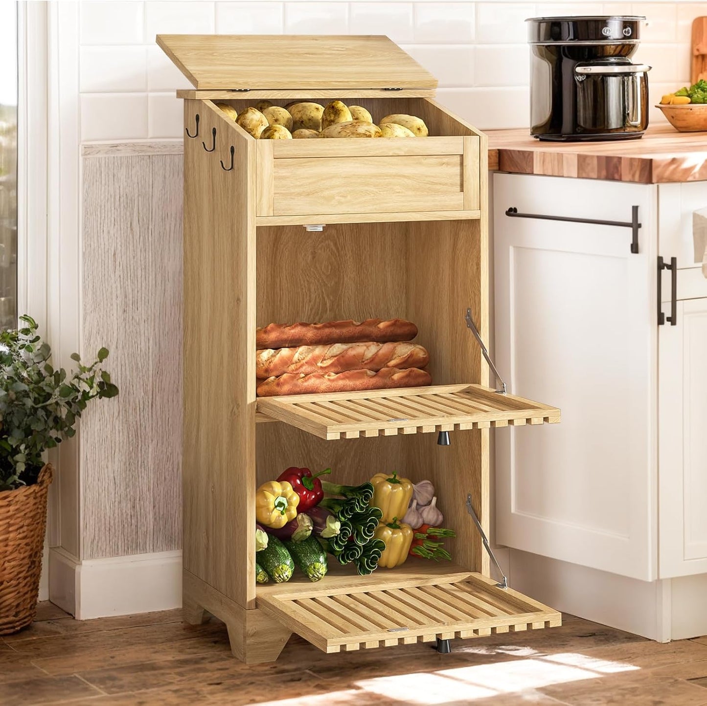 Potato Storage Bins, Farmhouse Wood Potato and Onion Storage Bins, Fruit and Vegetable Box, Food Small Kitchen Pantry Cabinet for Snack, Boho Large Wooden Bread Box, Magnetic Flip-top, 3 Tier