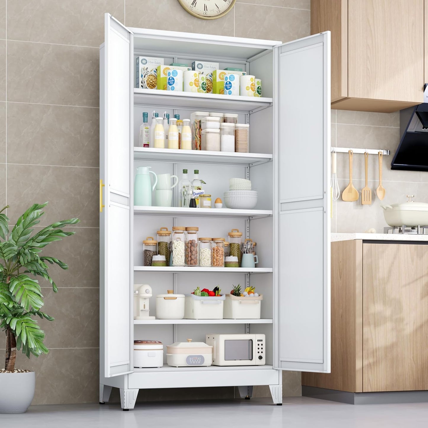 White Metal Kitchen Storage Cabinet, Kitchen Pantry Storage Cabinet with Doors and Shelves, Storage Cabinet with Adjustable Leveling Foot for Kitchen, Living Room and Dining Room. 61" H