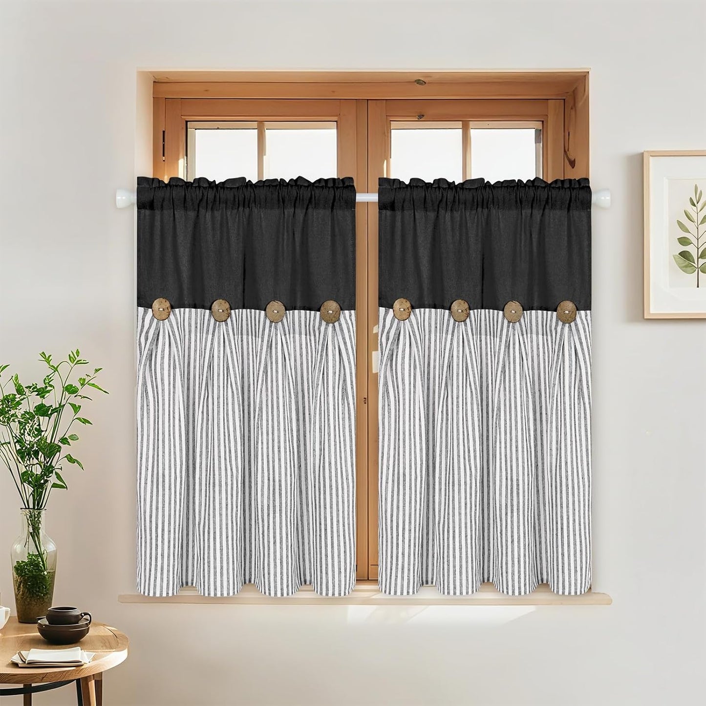 ASPMIZ Cotton Linen Window Treatment Tiers 24 Inch, Boho Rustic Button Kitchen Curtains Farmhouse Style, Grey Stripe Half Window Curtains, Country Short Rod Pocket Curtain for Small Window, 2 Panels