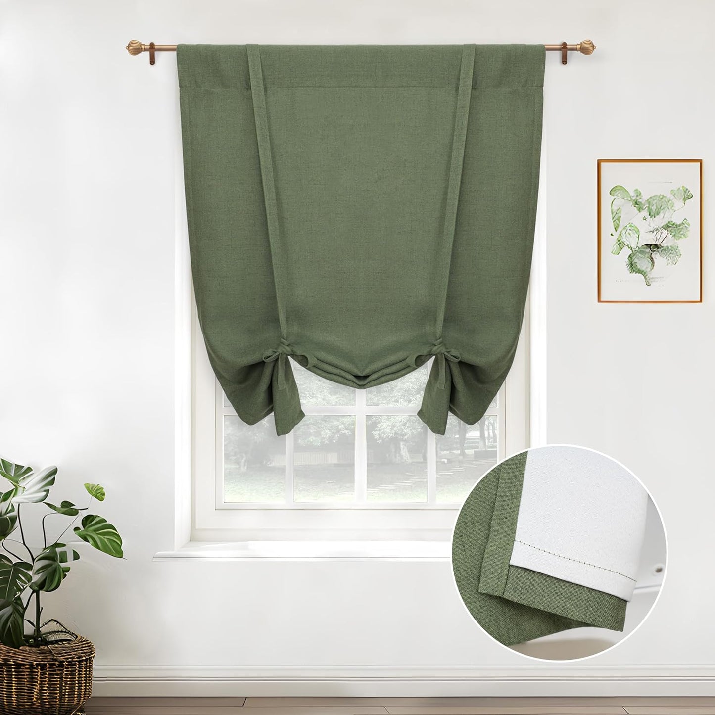 DriftAway Double Layer Linen Blackout Tie Up Curtains Thermal Insulated Fully Lined Balloon Roman Shade Bathroom Window Adjustable Rod Pocket for Small Window 31 Inch by 47 Inch Light Linen