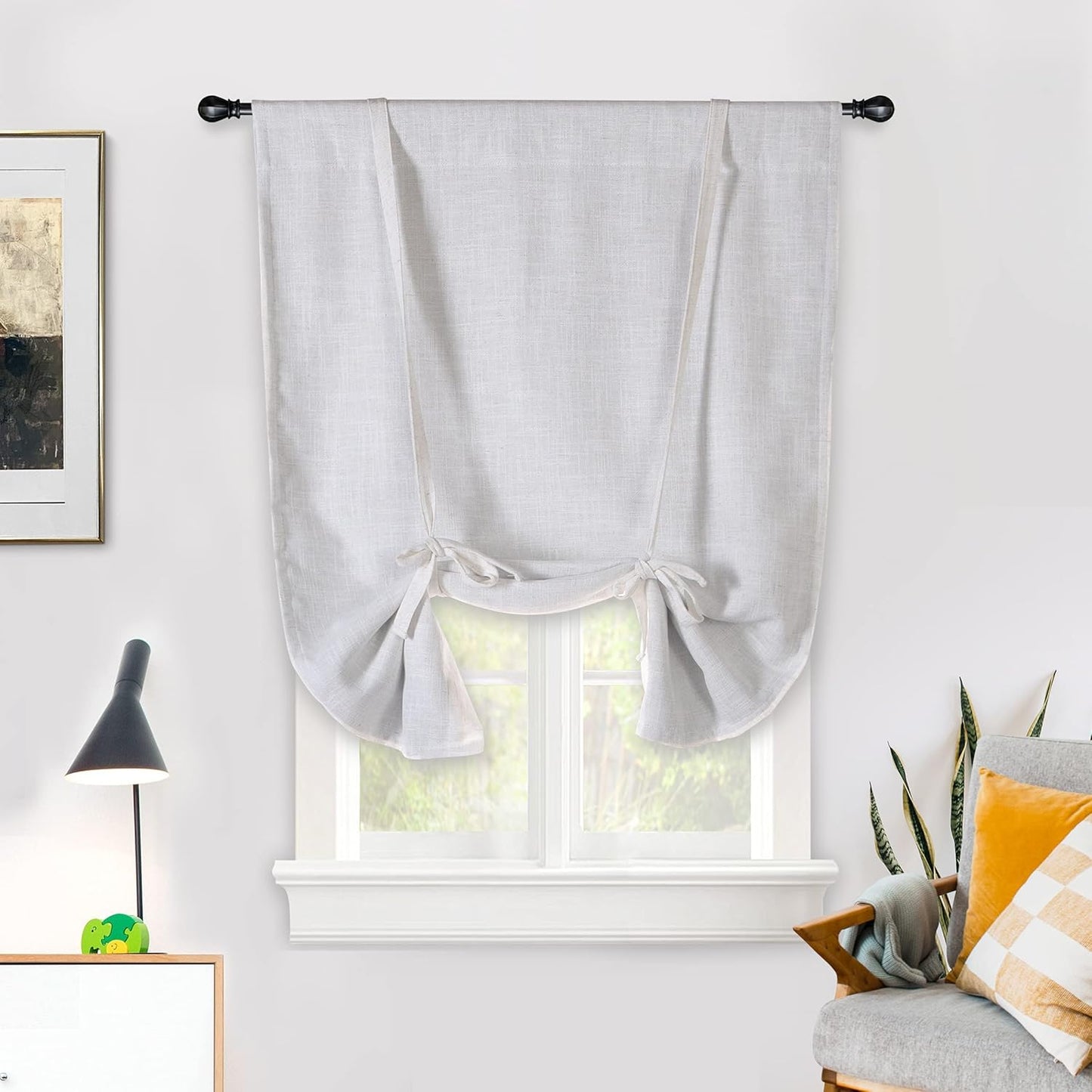 DriftAway Double Layer Linen Blackout Tie Up Curtains Thermal Insulated Fully Lined Balloon Roman Shade Bathroom Window Adjustable Rod Pocket for Small Window 31 Inch by 47 Inch Light Linen