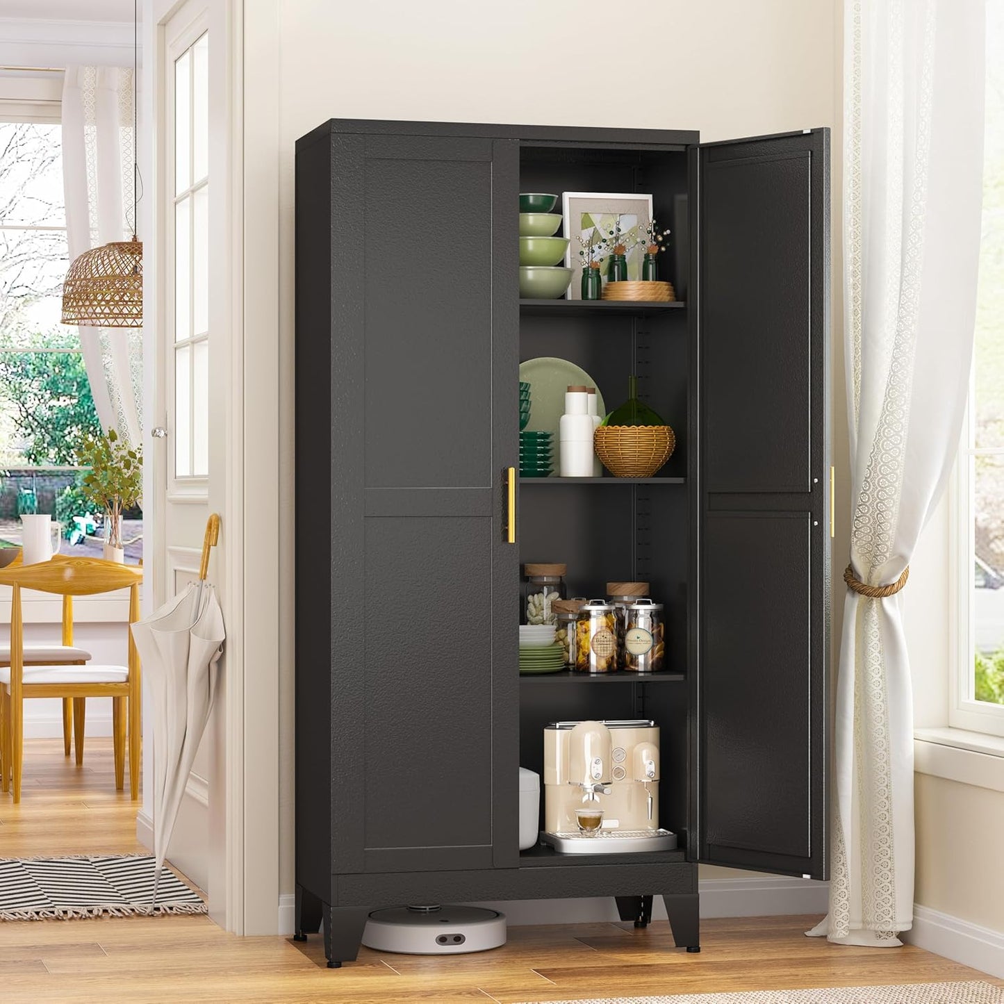 51" Metal Kitchen Pantry Cabinet, Storage Cabinets with 2 Door and 3 Adjustable Shelves, White Freestanding Food Storage Cabinet, Steel Cupboard for Kitchen Dinning Room