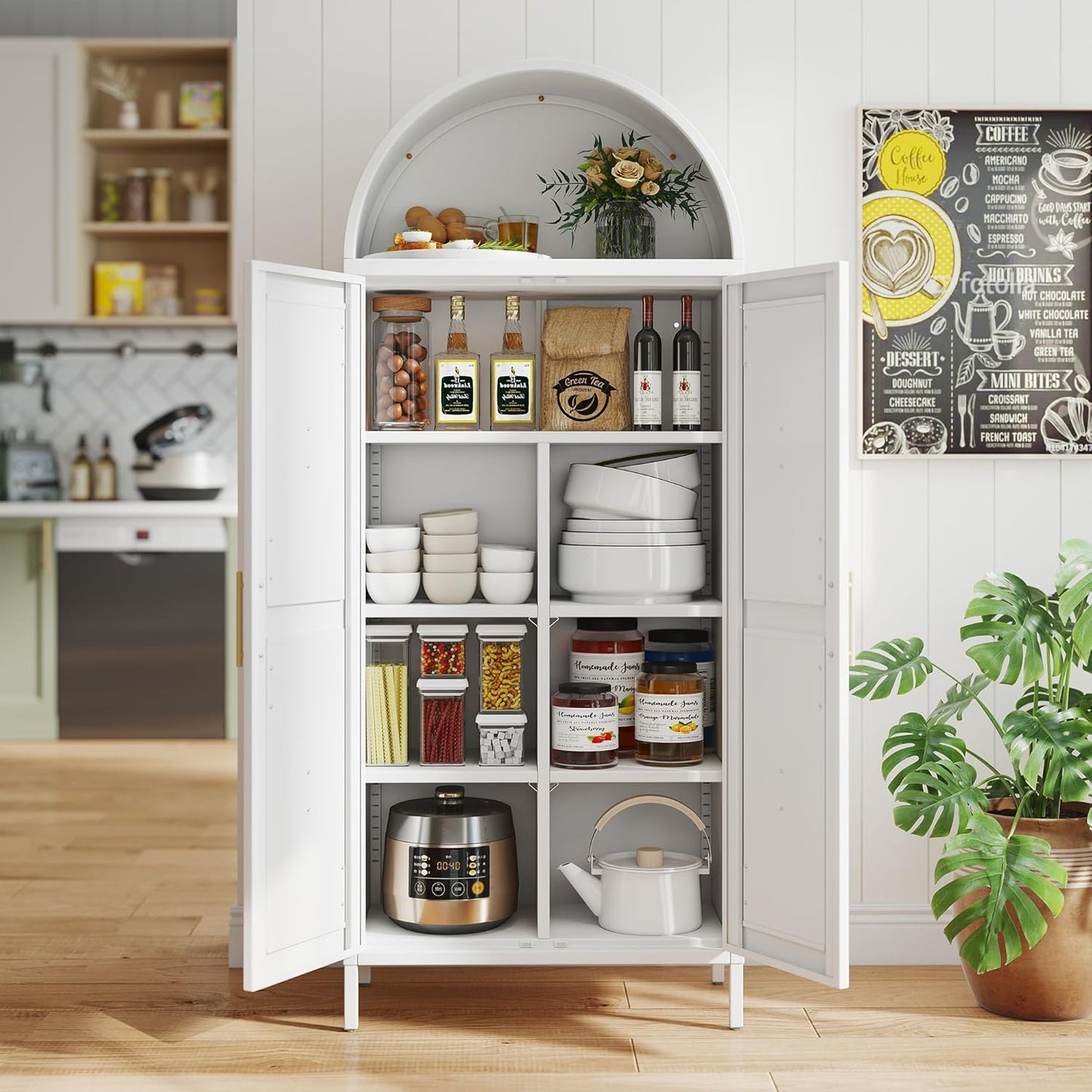 Tall Kitchen Pantry Cabinet, Metal Display Storage Cabinets with 4 Doors/2 Drawers for Kitchen Home Office Living Room, Assembly Required