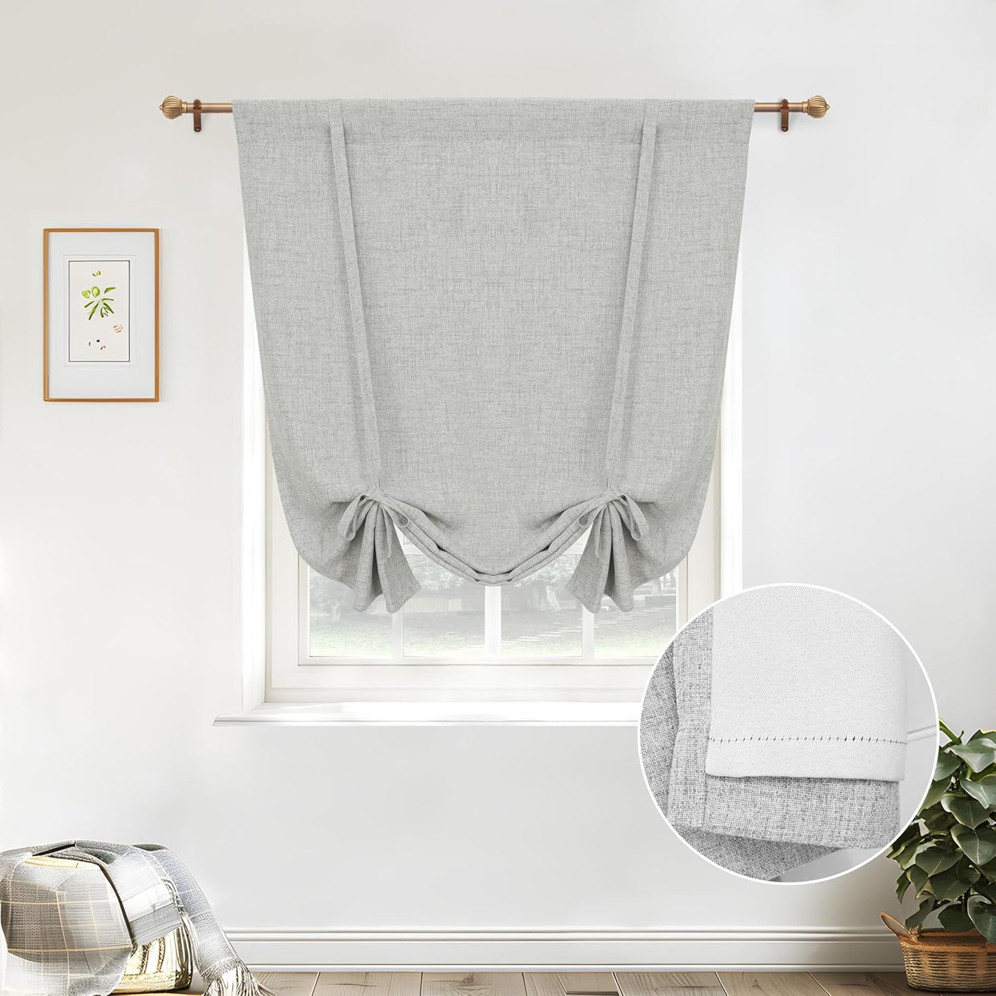 DriftAway Double Layer Linen Blackout Tie Up Curtains Thermal Insulated Fully Lined Balloon Roman Shade Bathroom Window Adjustable Rod Pocket for Small Window 31 Inch by 47 Inch Light Linen