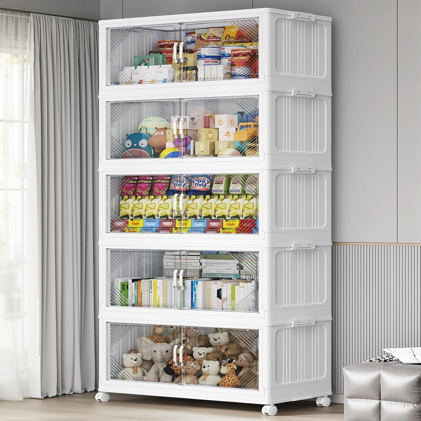 165Gal Plastic Stackable Storage Bins with Lid, 660QT Extra Large Closet Organizers Collapsible Cabinets Boxes With Drawers, Foldable Containers with 6x Wheels for Home Kitchen, V60 3Pack White