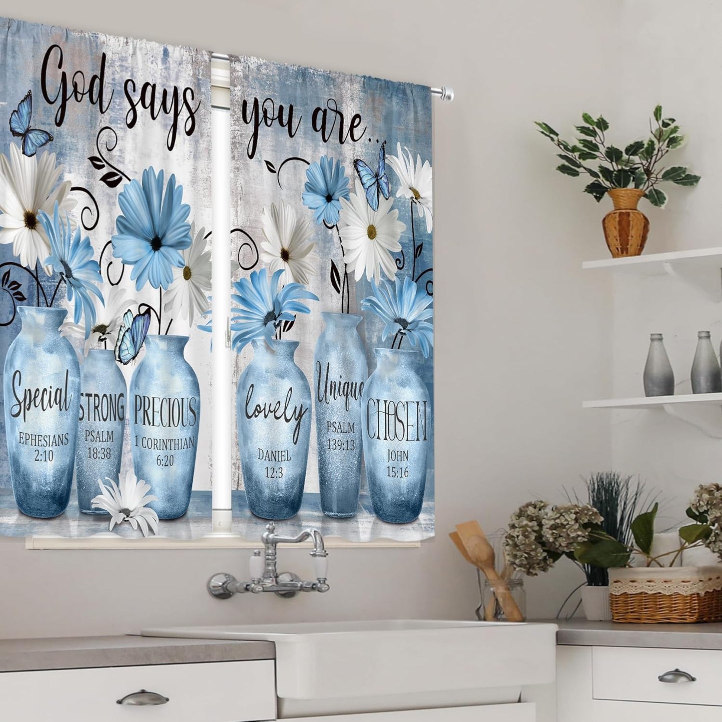 MESHELLY Farmhouse Teal Kitchen Curtains 27.5Wx39H Inch Rod Pocket Blue Flower Watercolor Eucalyptus Leaves Bedroom Window Drapes Inspirational Quote Printed Window Treatment Fabric 2 Panels