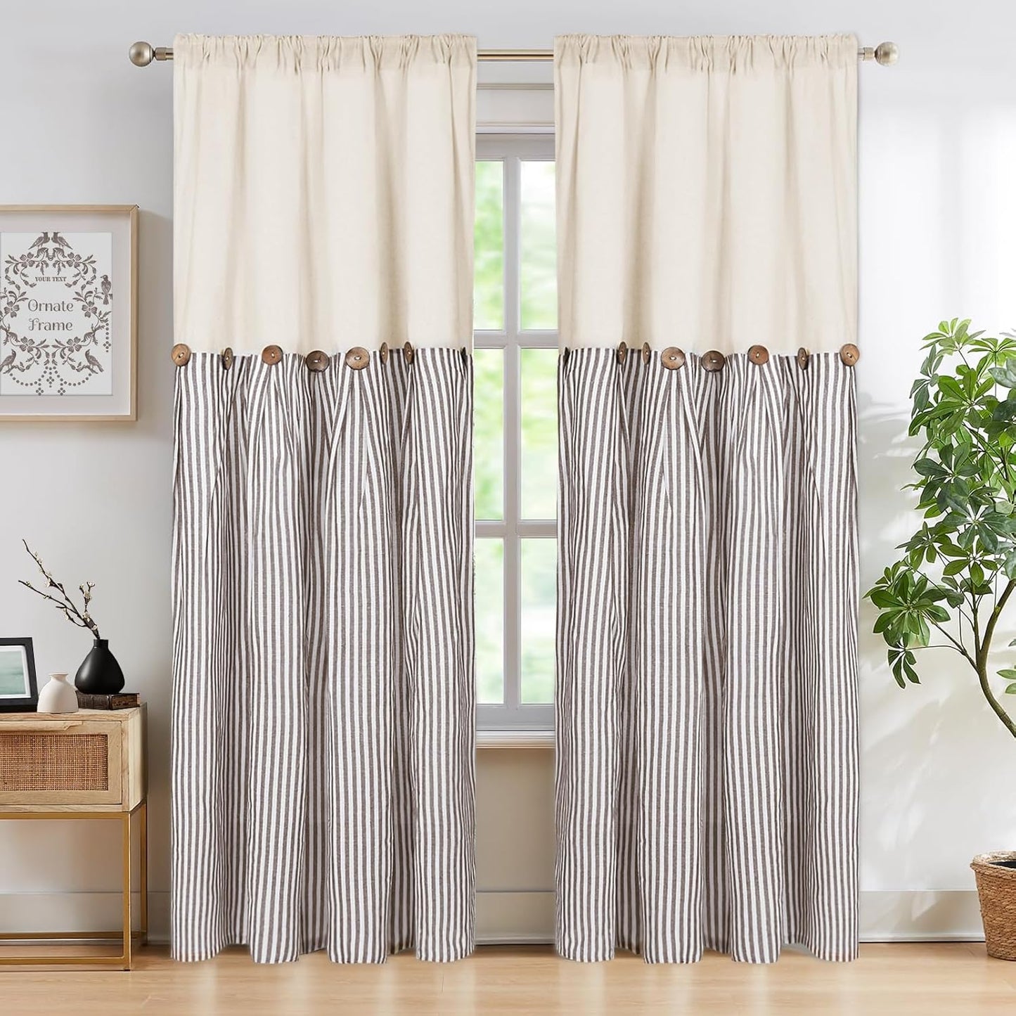 ASPMIZ Cotton Linen Window Treatment Tiers 24 Inch, Boho Rustic Button Kitchen Curtains Farmhouse Style, Grey Stripe Half Window Curtains, Country Short Rod Pocket Curtain for Small Window, 2 Panels