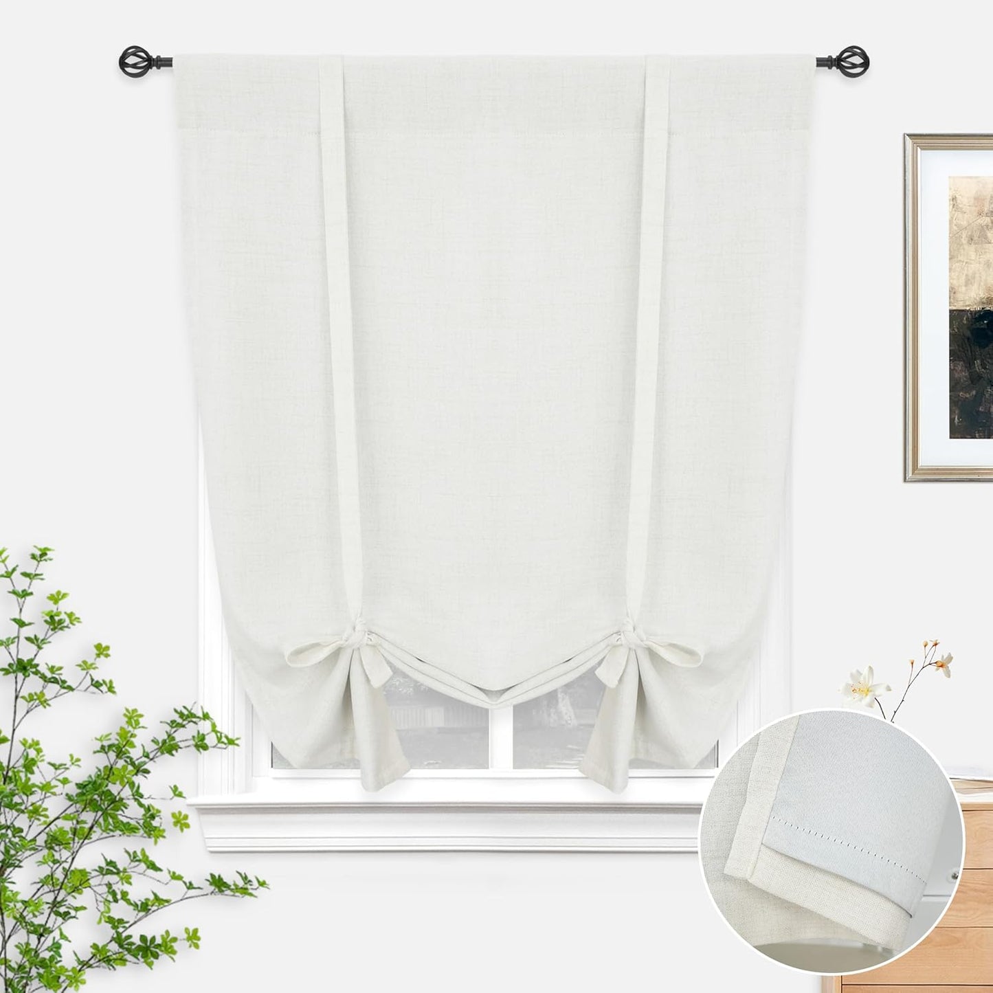 DriftAway Double Layer Linen Blackout Tie Up Curtains Thermal Insulated Fully Lined Balloon Roman Shade Bathroom Window Adjustable Rod Pocket for Small Window 31 Inch by 47 Inch Light Linen