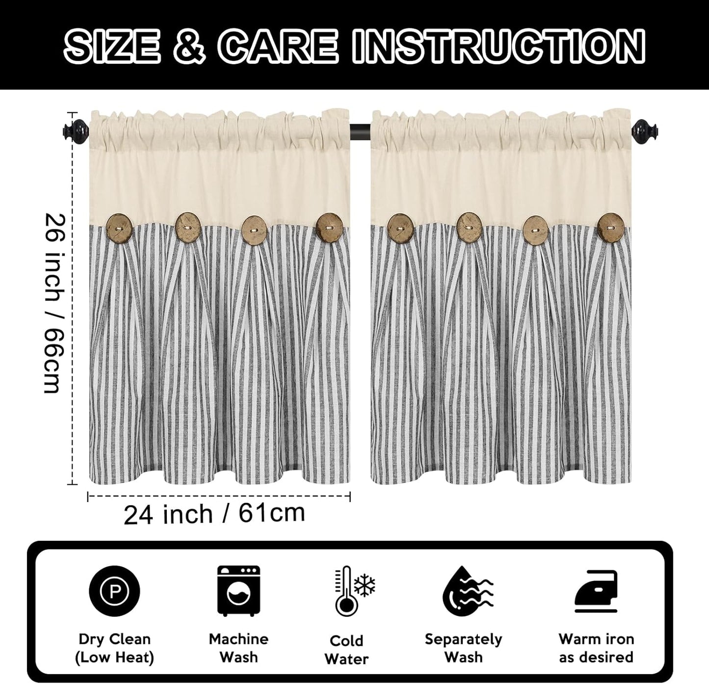 ASPMIZ Cotton Linen Window Treatment Tiers 24 Inch, Boho Rustic Button Kitchen Curtains Farmhouse Style, Grey Stripe Half Window Curtains, Country Short Rod Pocket Curtain for Small Window, 2 Panels