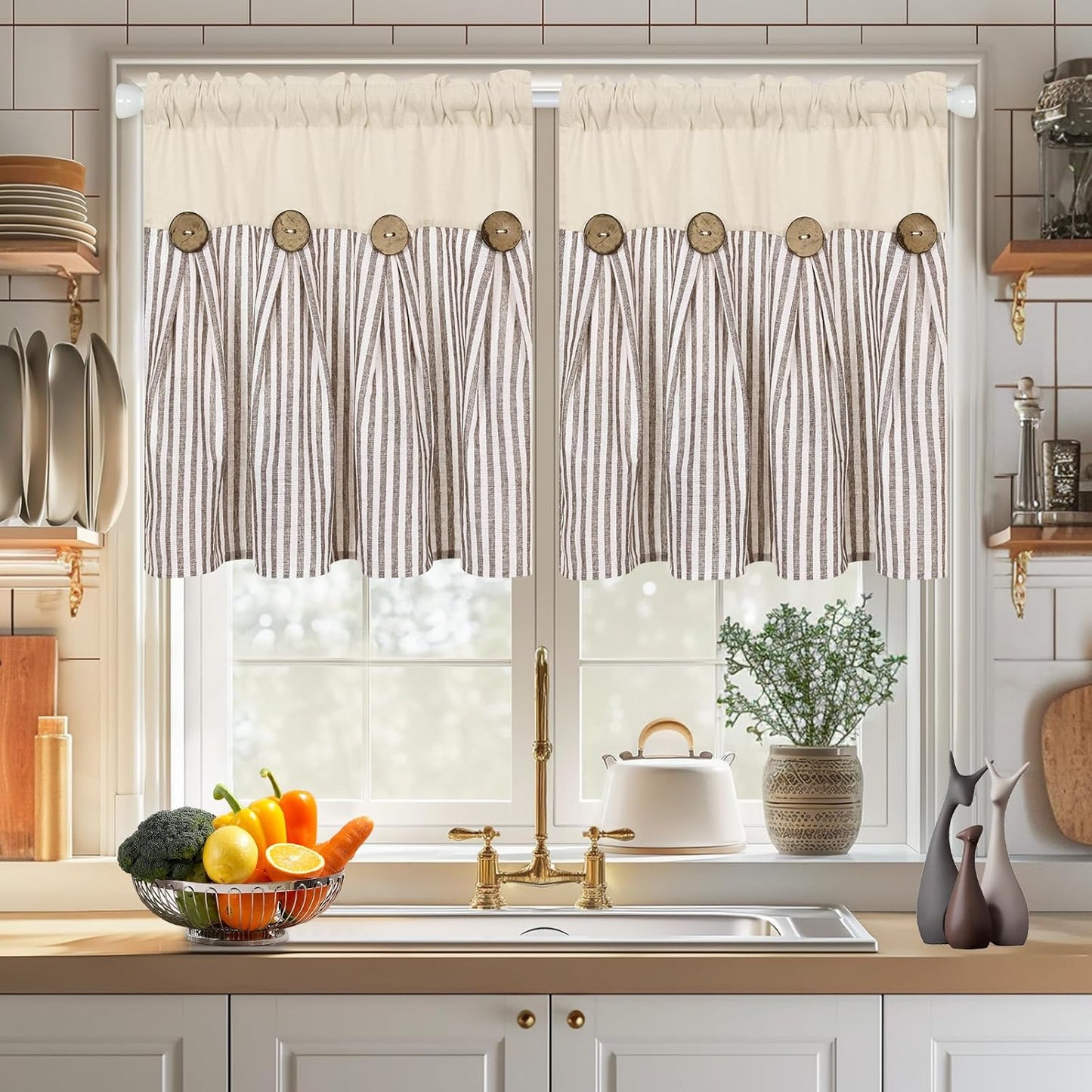 ASPMIZ Cotton Linen Window Treatment Tiers 24 Inch, Boho Rustic Button Kitchen Curtains Farmhouse Style, Grey Stripe Half Window Curtains, Country Short Rod Pocket Curtain for Small Window, 2 Panels