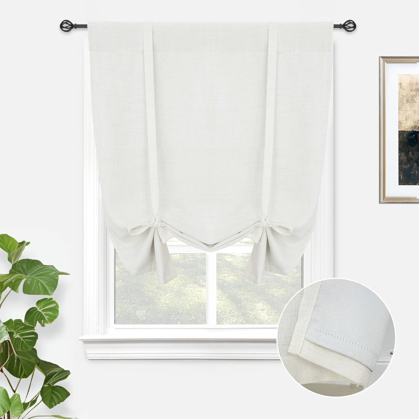 DriftAway Double Layer Linen Blackout Tie Up Curtains Thermal Insulated Fully Lined Balloon Roman Shade Bathroom Window Adjustable Rod Pocket for Small Window 31 Inch by 47 Inch Light Linen