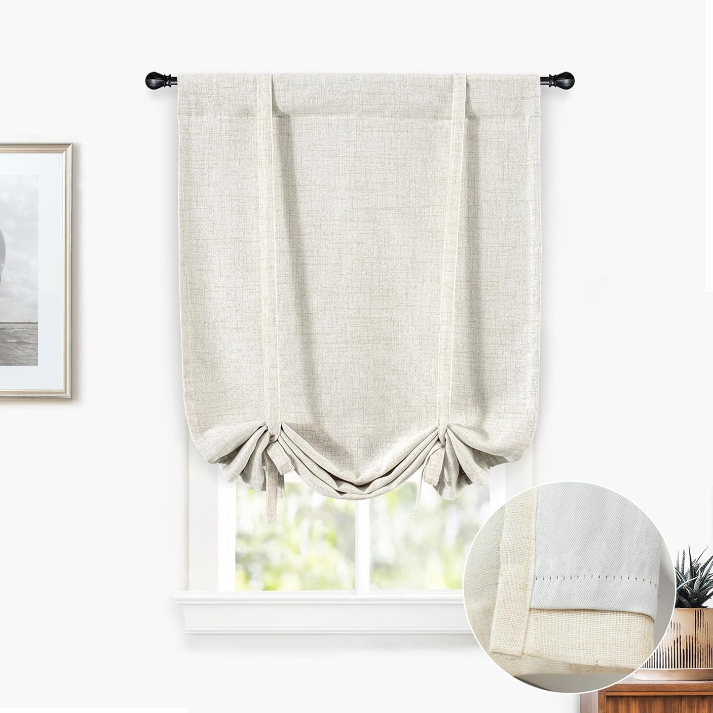 DriftAway Double Layer Linen Blackout Tie Up Curtains Thermal Insulated Fully Lined Balloon Roman Shade Bathroom Window Adjustable Rod Pocket for Small Window 31 Inch by 47 Inch Light Linen