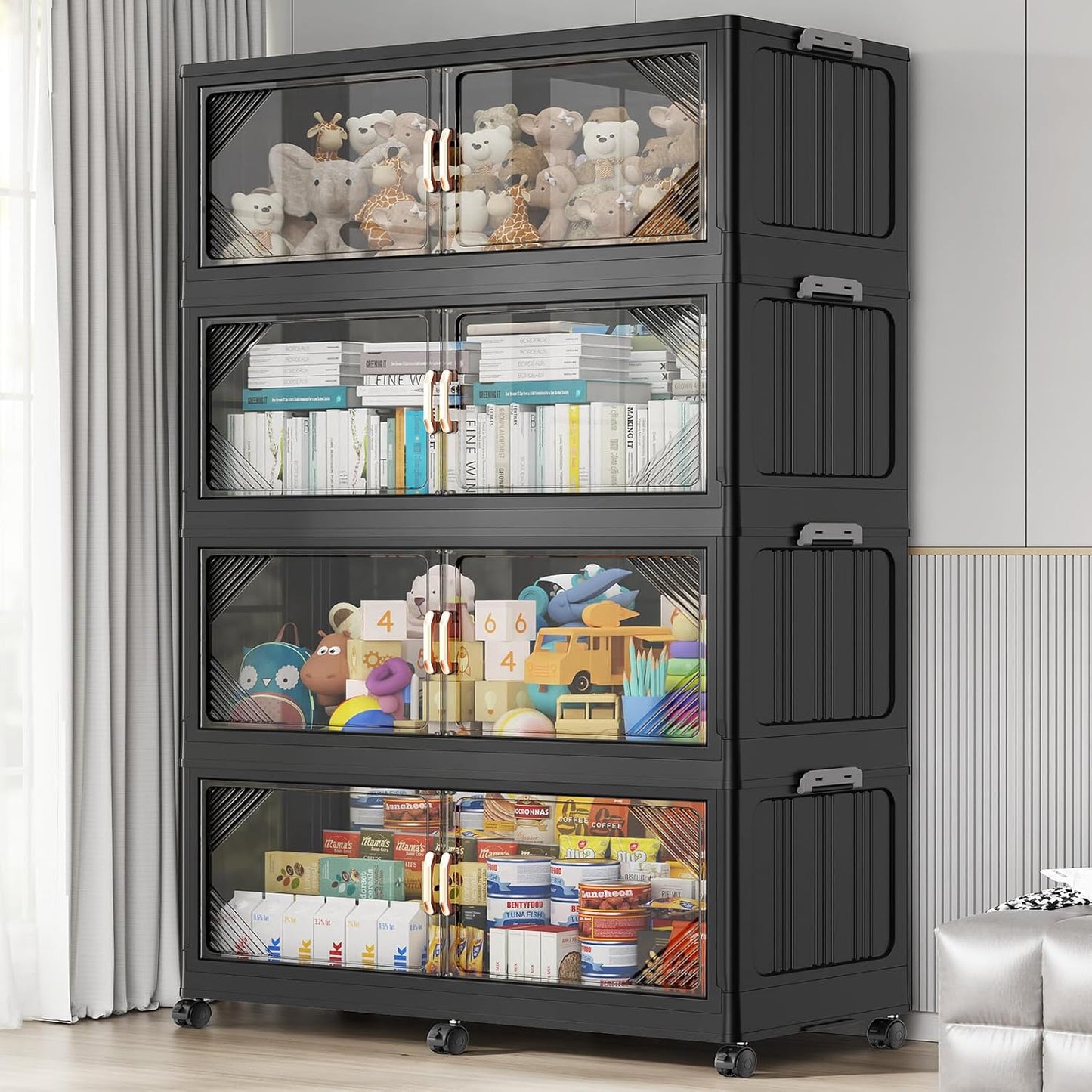 165Gal Plastic Stackable Storage Bins with Lid, 660QT Extra Large Closet Organizers Collapsible Cabinets Boxes With Drawers, Foldable Containers with 6x Wheels for Home Kitchen, V60 3Pack White